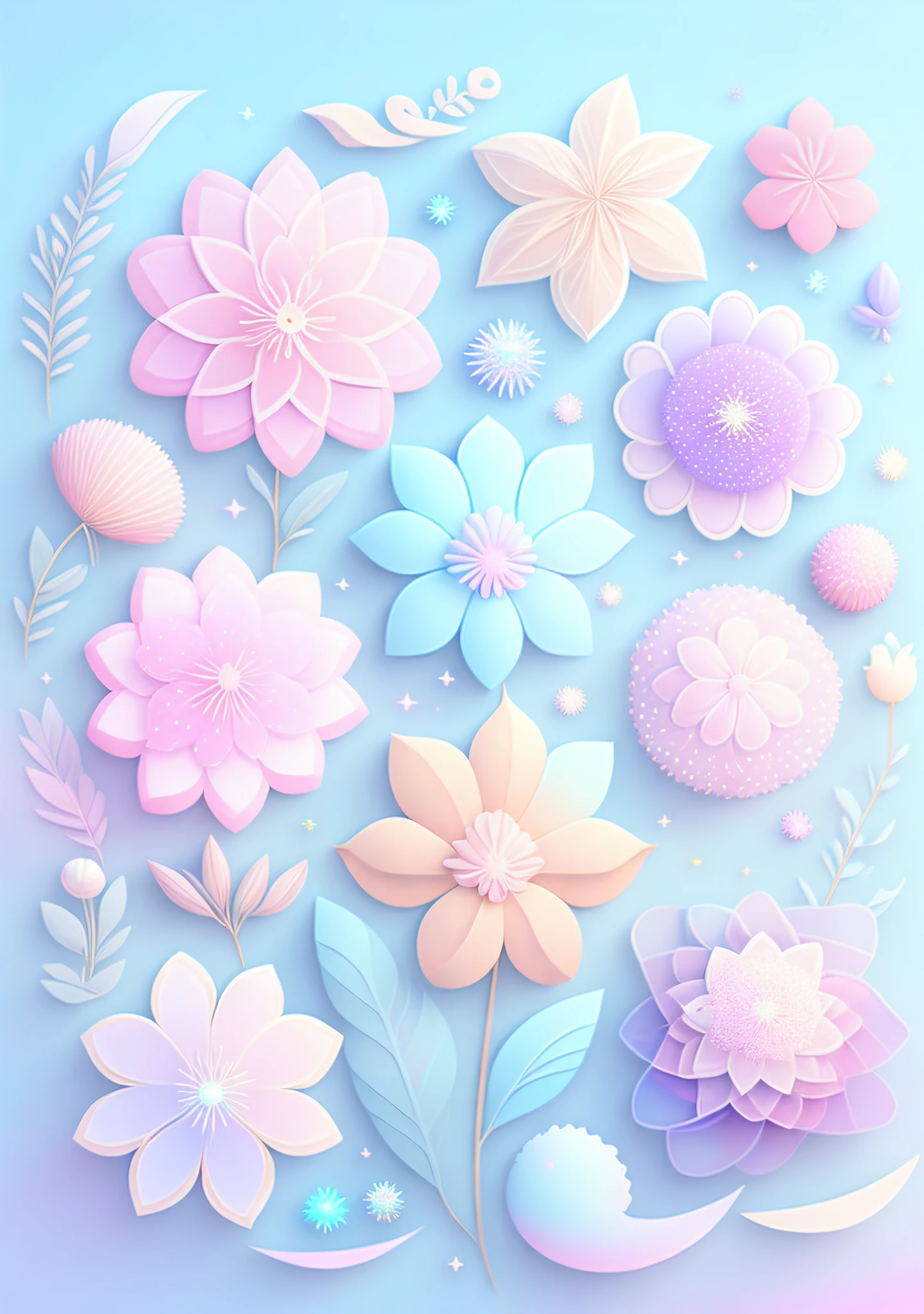 "Various flowers, cartoon illustration, sky in a gradient of pastel colors with twinkling stars. Immerse yourself in a mystical world full of magical elements (weighted at 0.9)."