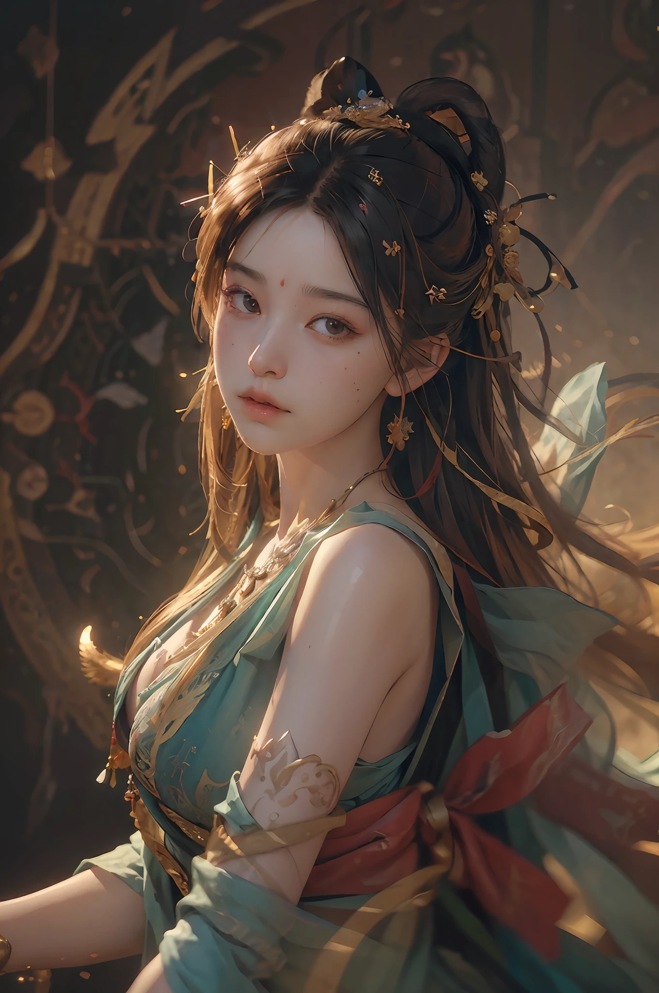 nsfw,(RAW photo, best quality),(realistic, photo-realistic:1.3),best quality,highly detailed,masterpiece,ultra-detailed,illustration,1girl,upper_body,dynamic angle,world masterpiece theater,messy_long_hair,best quality,extremely detailed CG unity 8k wallpaper,ink,Amazing,cinematic lighting,lens_flare,dunhuang_style,