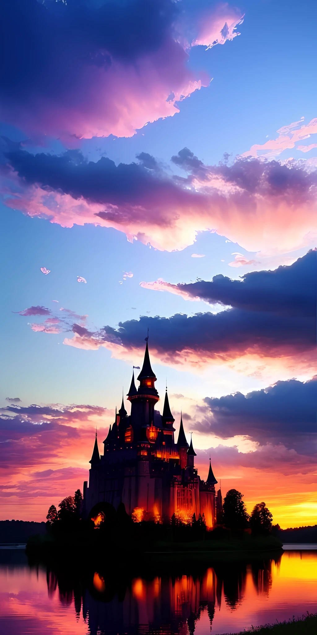 there is a beautiful sunset with a lake and trees in the background,big fantasy type castle, colorful clouds,surreal colors, colorful sunset, colorful sky, marvellous reflection of the sky, stunning sky, dream like atmosphere 8k, colors reflecting on lake, surreal sky, red and blue reflections, fire reflection, beautiful sky, beautiful and spectacular dusk, beautiful dreamy landscape, amazing sky, fantasy type houses , dragons flying in the sky, fantasy type ,dark
