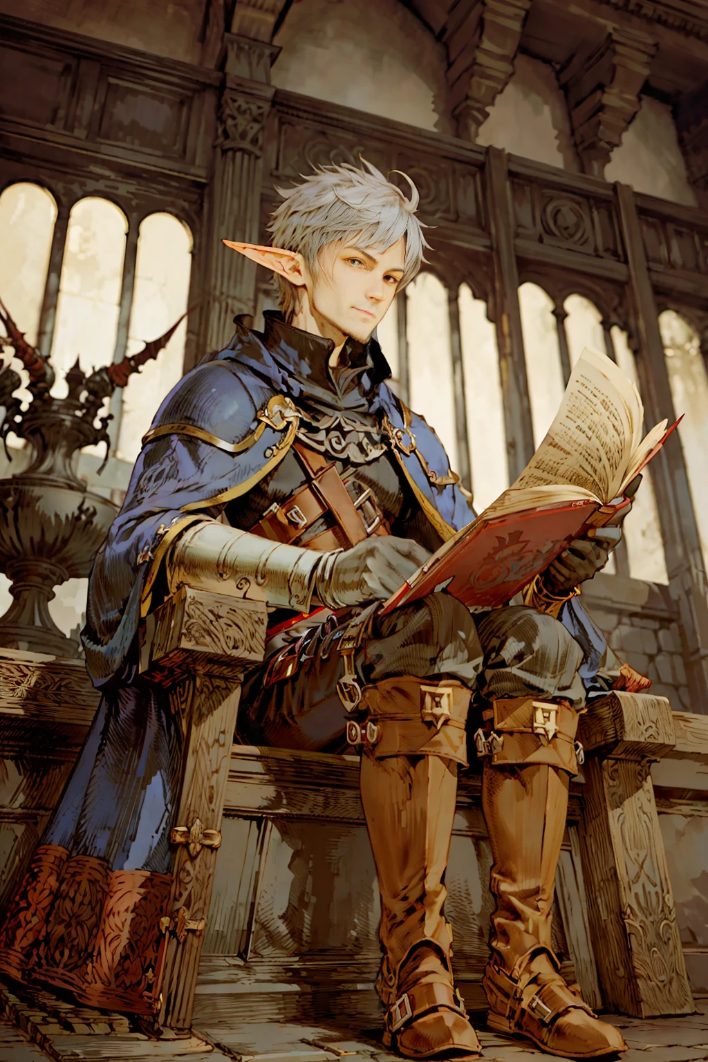 (masterpiece), best quality, (((Final Fantasy Tactics - Akihiko Yoshida))), a close-up photoof an elf male mage, 30s, messy hair, metallic dark hair, side hair shaved, elf pointy ears, complete red eyes, light and seductive smile, wearing a (black tunic), silver belt, leather boots, leater gloves, short gloves,reading a book, sitting by a fountain in the center of a medieval fantasy city with elven magical elements and architecture.