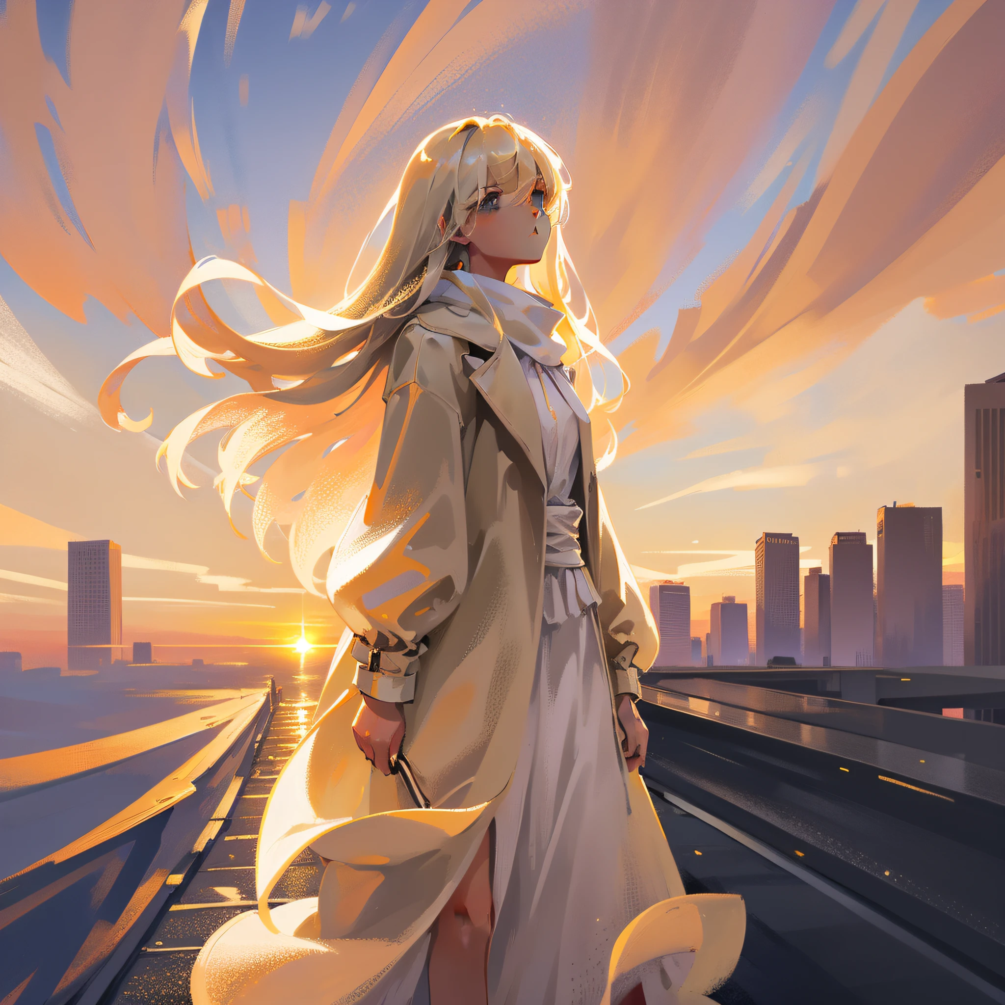 Girl, white shawl long hair, beige trench coat, standing on the side of the road, city background, sunset