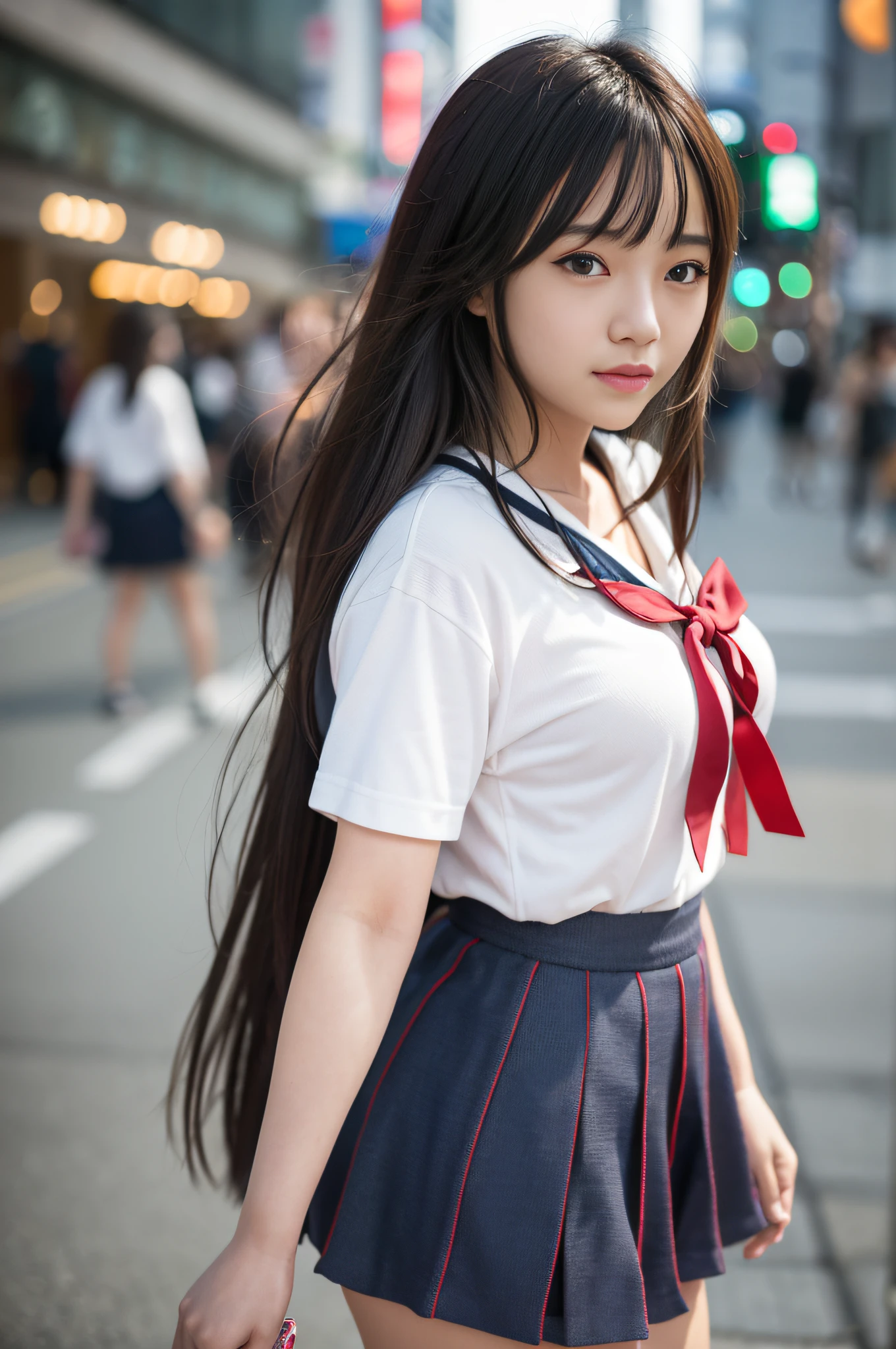 Ultra top quality, masterpiece, ultra high resolution, (photorealistic: 1.4), highly detailed CG Unity 8k wallpaper, detailed and complex, original, high resolution, raw photos, (perfect body shape), finely complex, DSLR, soft lighting, high quality, film grain, depth of field, Leica camera, 50mm lens, backlight, HDR, hyperrealistic, color grade, dynamic pose, portrait, Japan person, smile, lips, bangs, (crowded akihabara: 1.2), front view viewer, natural light, girl, 20 years old, full body, solo, student, high school, uniform, sailor color, bobby socks, pleated skirt, daytime, on the street, deep shadow, cute, beauty, discreet, cold light 12000K\\ street, store status, Akihabara, Shinjuku, Shibuya, Ikebukuro, detailed realism, skin texture, super detailed, realistic skin texture, (dramatic, award-winning photos, incredible masterpieces: 1.3)