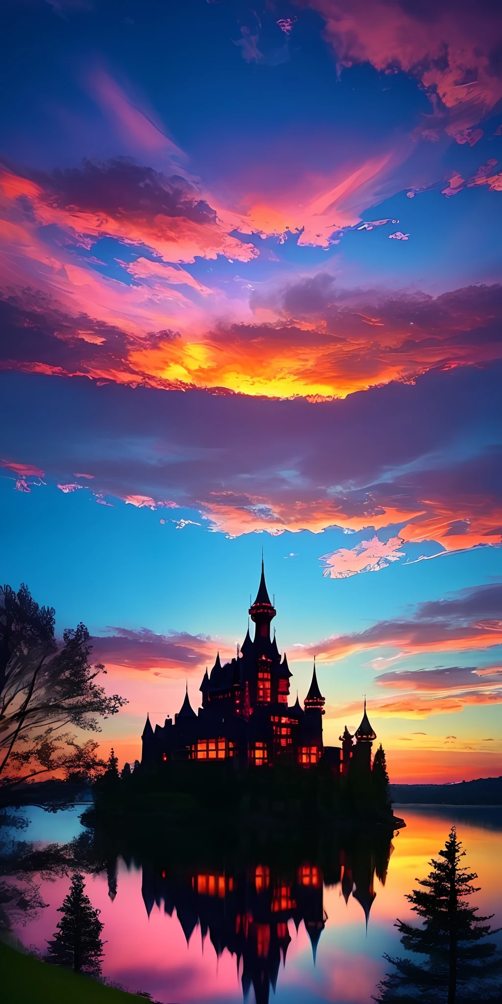 there is a beautiful sunset with a lake and trees in the background,big fantasy type castle, colorful clouds,surreal colors, colorful sunset, colorful sky, marvellous reflection of the sky, stunning sky, dream like atmosphere 8k, colors reflecting on lake, surreal sky, red and blue reflections, fire reflection, beautiful sky, beautiful and spectacular dusk, beautiful dreamy landscape, amazing sky, fantasy type houses , dragons flying in the sky, fantasy type ,dark