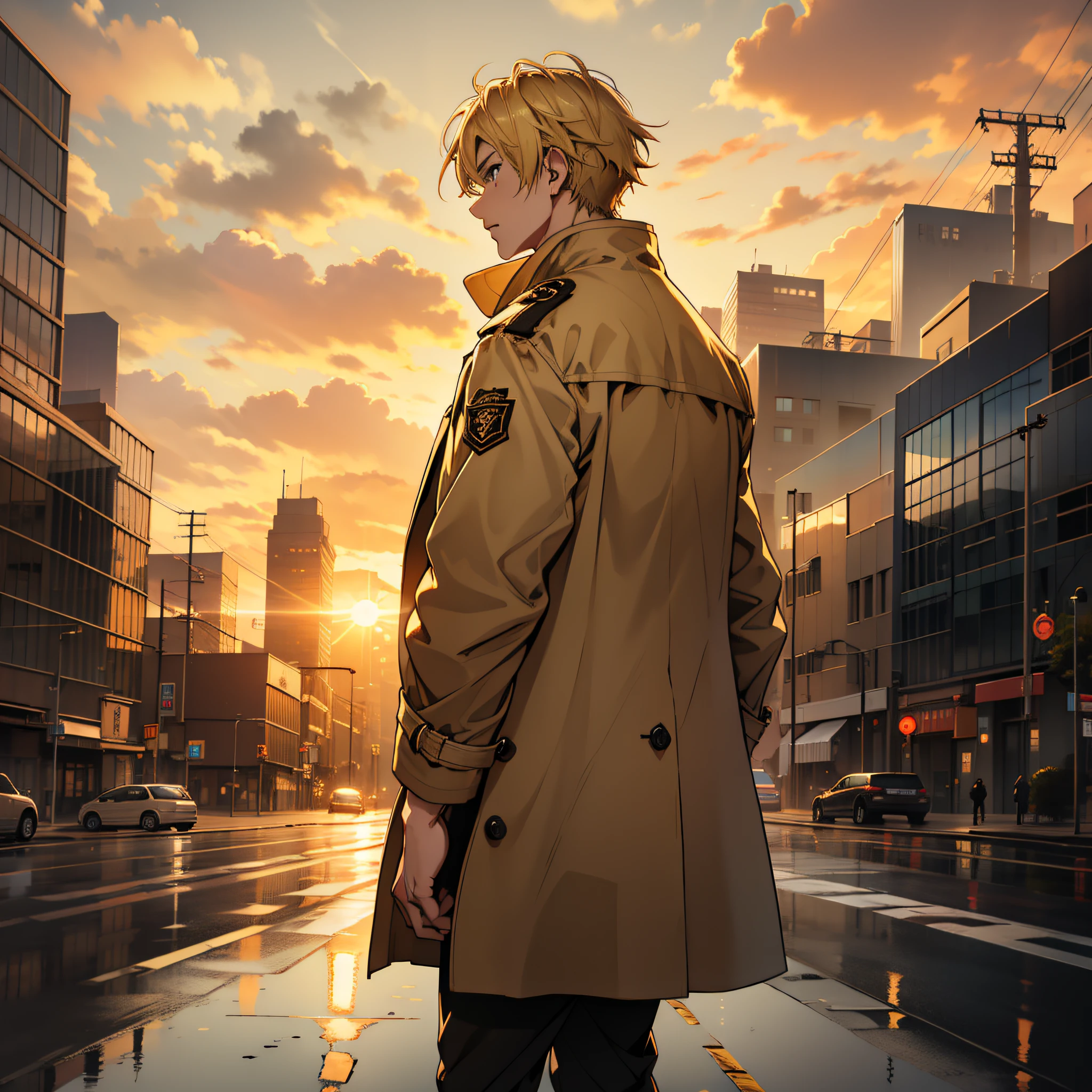Boy, blond hair, beige trench coat, standing on roadside, city background, sunset