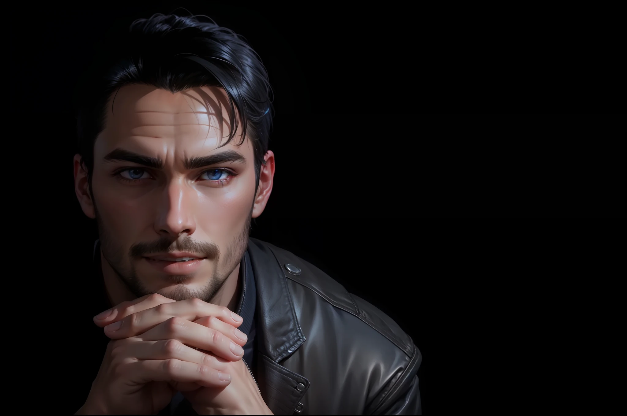 closeup of a man with black hair, red leather jacket looking to the side, over the city at night, cinematic blue lighting, 8K, RAW, HD, stunning masterpiece, menacing smile