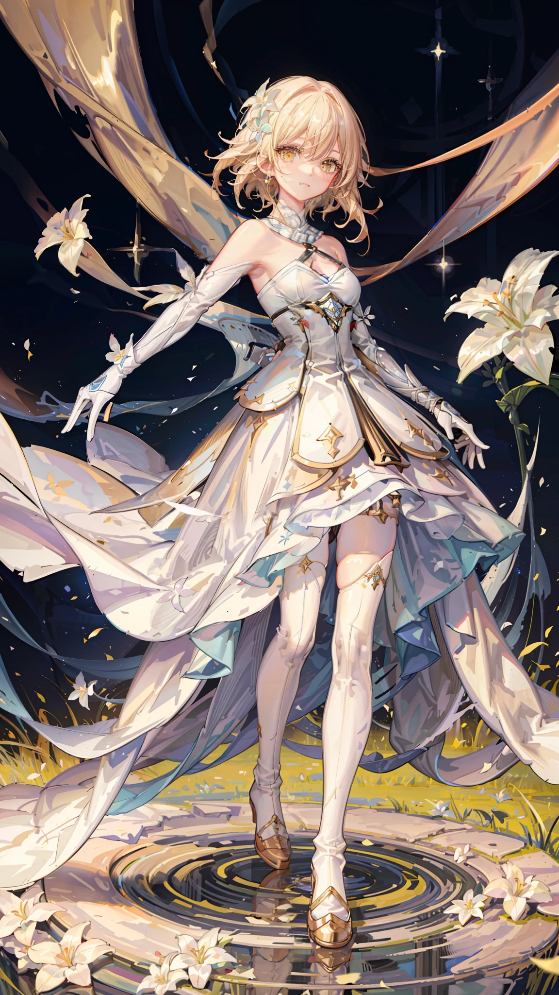 absurdres, masterpiece, best quality, ultra-detailed illustration, (1giel:1.3), absurdres high detailed face, short blonde hair, white dress clothes with blue and gold details, standing in a flower field with white lilies, lots of white flowers on background and foreground, depth of field, night sky with stars, dynamic pose, 1girl solo