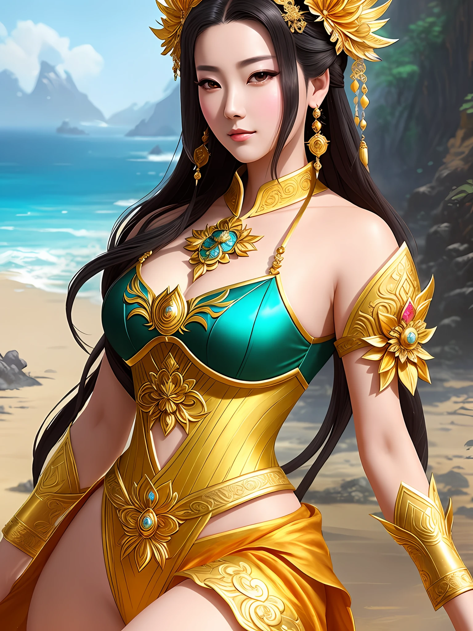 a closeup of a woman in a golden bathing suit, a beautiful fantasy empress, inspired by Lan Ying, ((a beautiful fantasy empress)), inspired by Du Qiong, hyper-detailed fantasy character, inspired by Ju Lian, inspired by Pu Hua, chengwei pan on artstation, beautiful character painting, full body, inspired by Wu Bin, by Yang J. 8k.