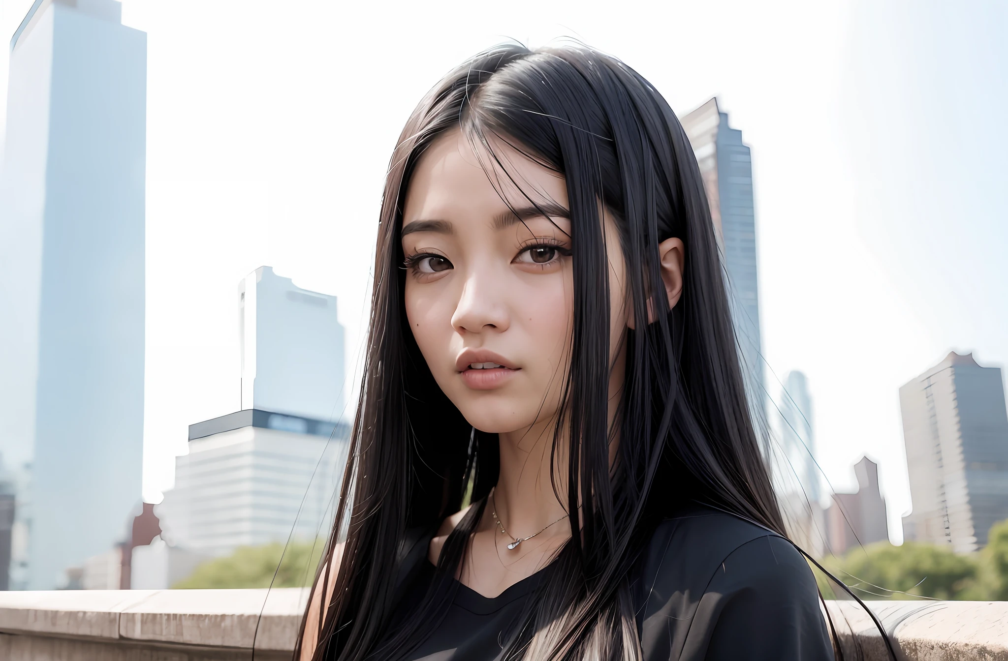 arafed woman with long black hair and a black top, portrait of jossi of blackpink, lee ji - eun, lee ji-eun, heonhwa choe, korean artist, park ji-min, portrait jisoo blackpink, jiyun chae, gongbi, yun ling, shin min jeong, jisoo of blackpink, hwang se - on, new york city, buildings