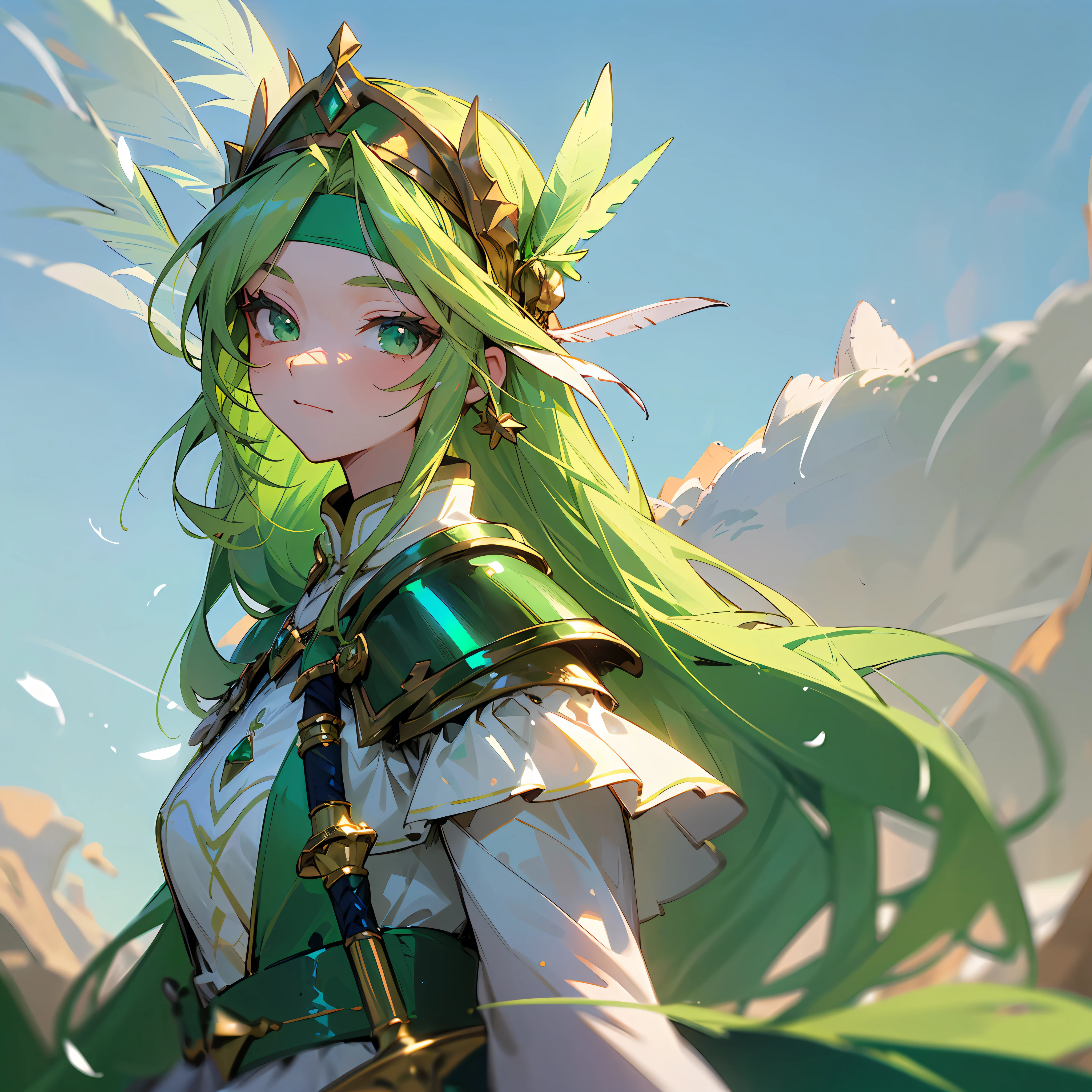 girls, (top quality, masterpiece, green shoulder rest, green armor, green emerald on the forehead, headband with feathers on the head, white skirt), green hair ribbon, blue lenses, green eyes, yellow hair, long hair, holding a spear, theme, (rocky mountain: blue sky: 0.5), --auto --s2