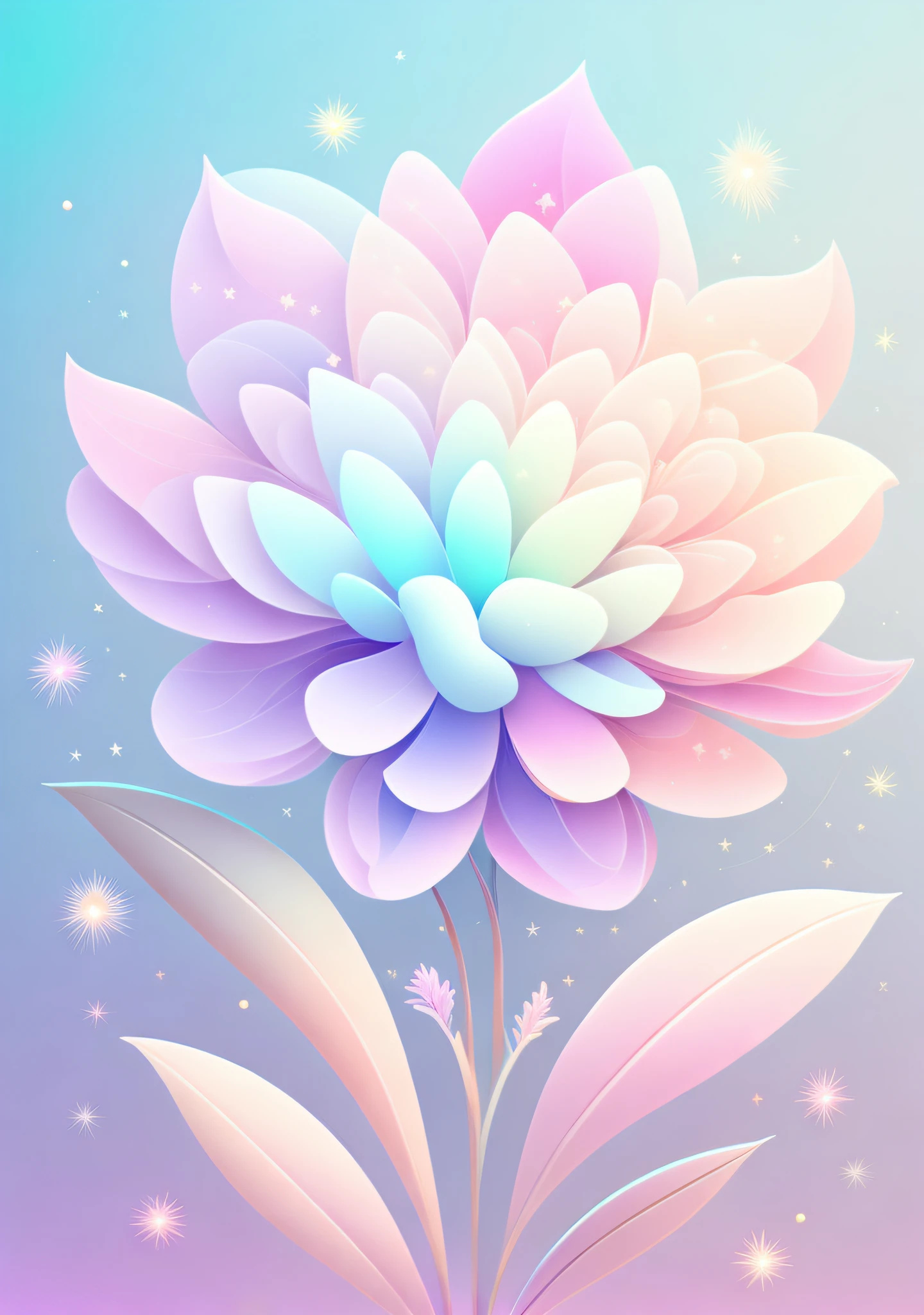 "A flower, cartoon illustration, sky in a gradient of pastel colors with twinkling stars. Immerse yourself in a mystical world full of magical elements (weighted at 0.9)."