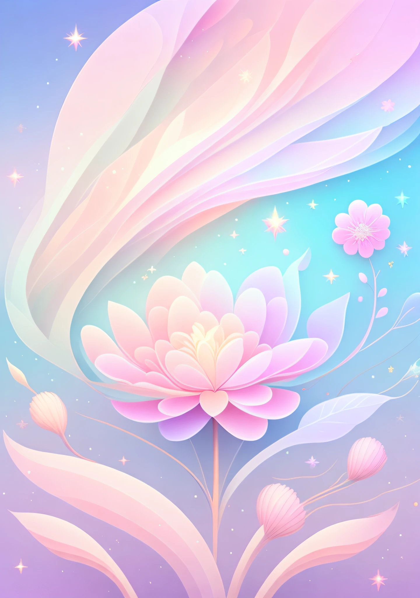 "A flower, cartoon illustration, sky in a gradient of pastel colors with twinkling stars. Immerse yourself in a mystical world full of magical elements (weighted at 0.9)."