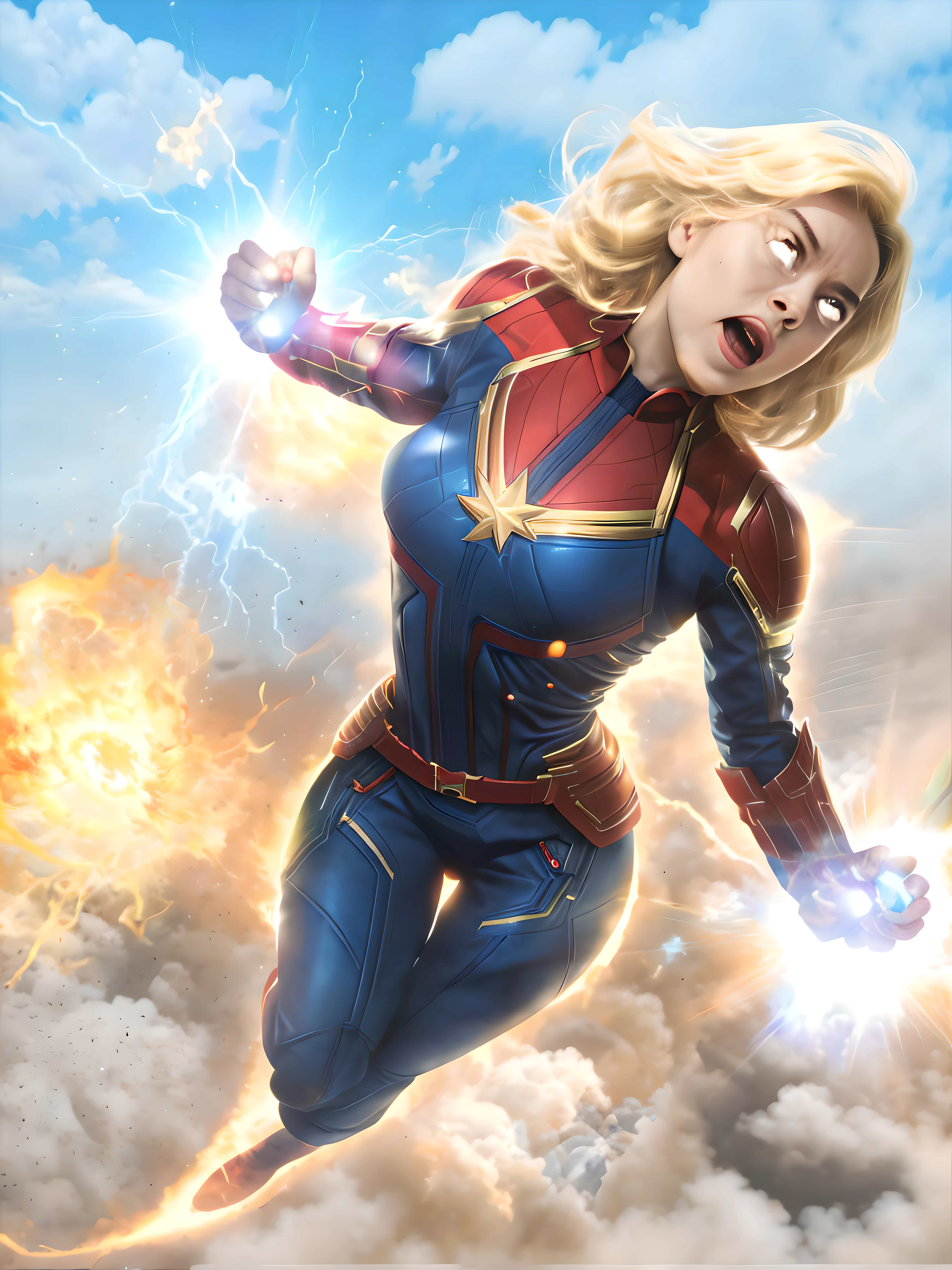 Brie Larson, Captain Marvel, flaming eyes, powers in hand, smahs hulk