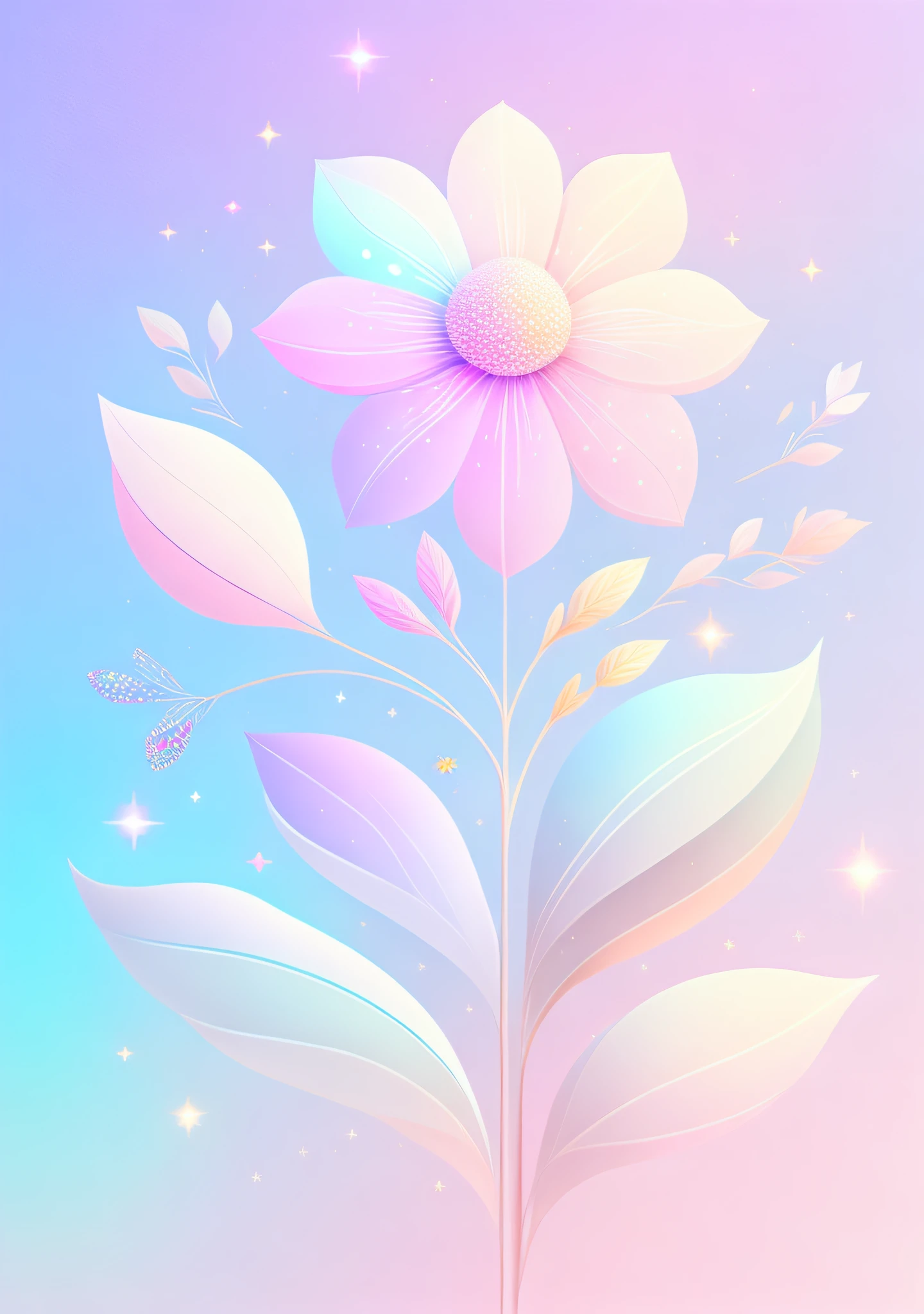 "A flower, cartoon illustration, sky in a gradient of pastel colors with twinkling stars. Immerse yourself in a mystical world full of magical elements (weighted at 0.9)."