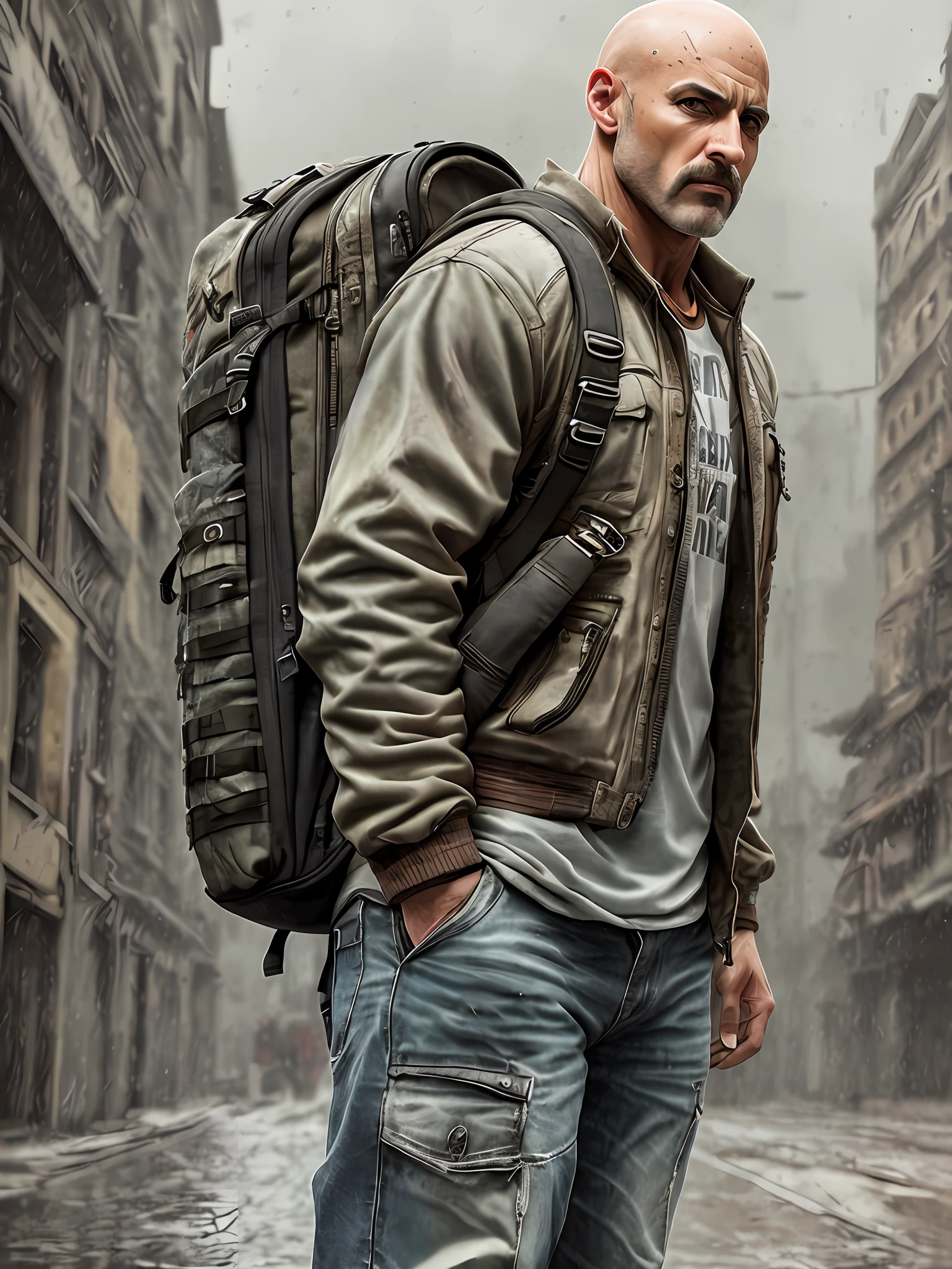A mid age bald and handsome bodybuilder, street angry, backpack, epic realistic, photo, faded, complex stuff around, intricate background, soaking wet, neutral colors, ((((hdr)))), ((((muted colors)))), intricate scene, artstation, intricate details, vignette