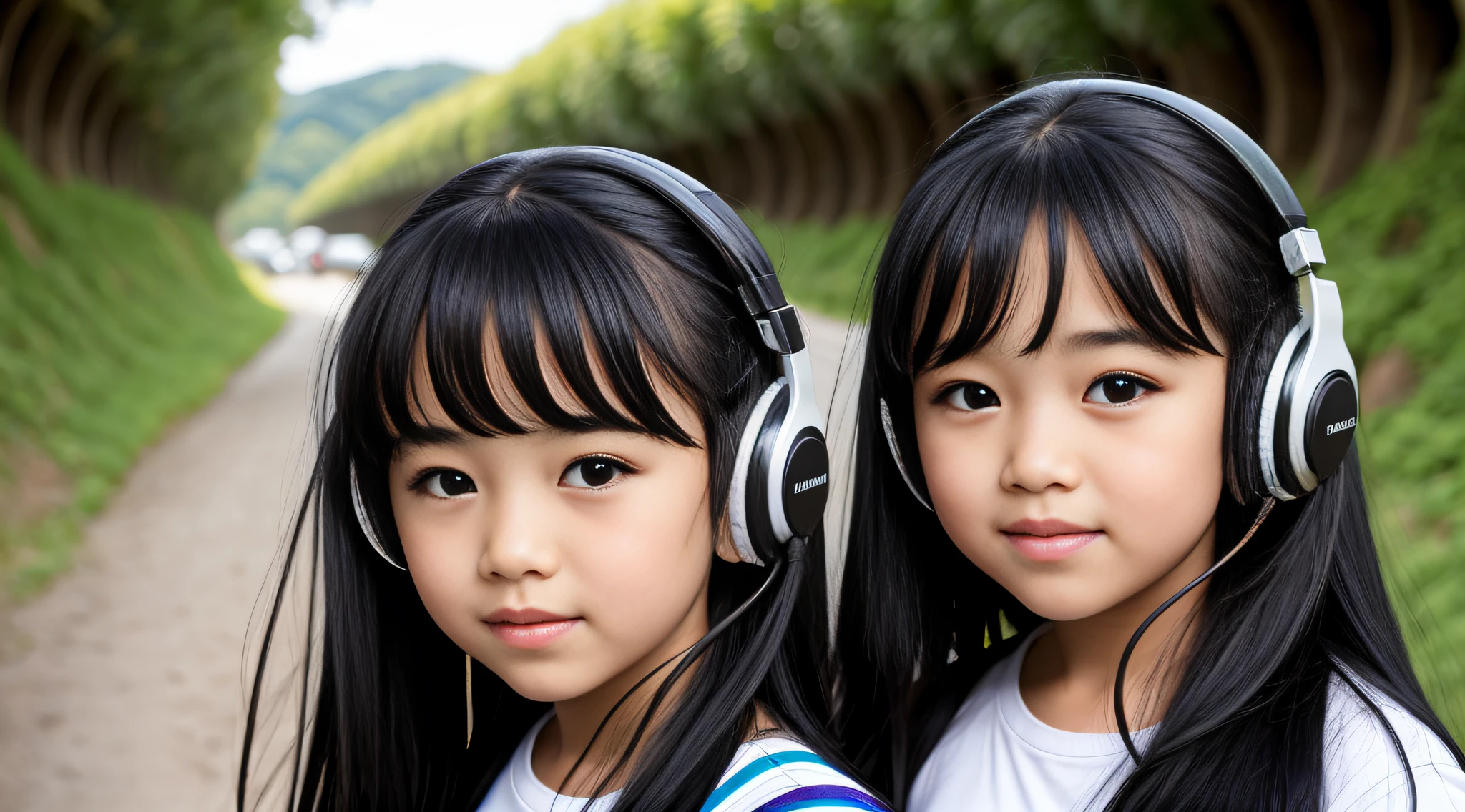 girl 10 year old CHILD, PORTRAIT STYLE, with headphones, with long black hair in a tunnel, long shiny black hair, swirling black hair, flowing black hair, endless black hair, silky black hair, lush black hair, woman with long black hair, lush black hair disheveled, long black hair flowing, woman has long dark hair, long dark hair, detailed long black hair, black hair