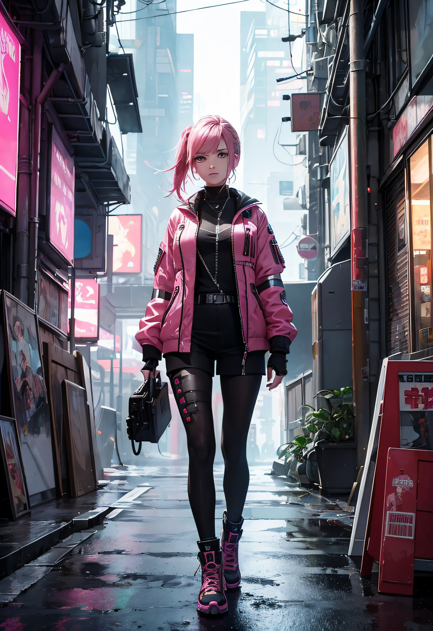 ((Best quality)), ((masterpiece)), (detailed: 1.4), 3D, cyberpunk woman,, a beautiful woman with pink medium calluses, looking at camera, dirty clothes