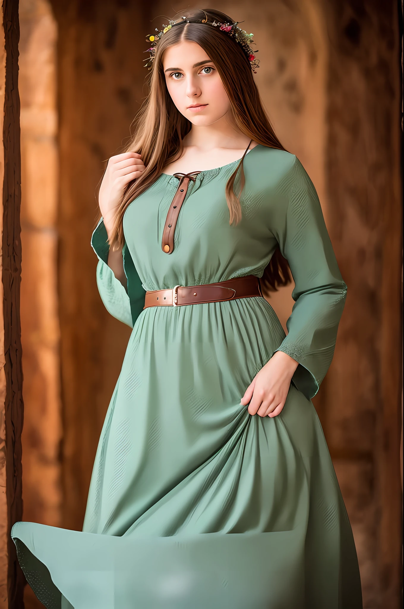 Full body view (full-length portrait of an 18-year-old female), (in medieval long dress, intimate, detailed: 1.3), (panties: 1.3), (very detailed face: 1.4), (white background: 1.2), (8k, uhd, DSLR, high quality, cinematic lighting, bokeh), (dramatic, award-winning photography, incredible masterpiece: 1.3)