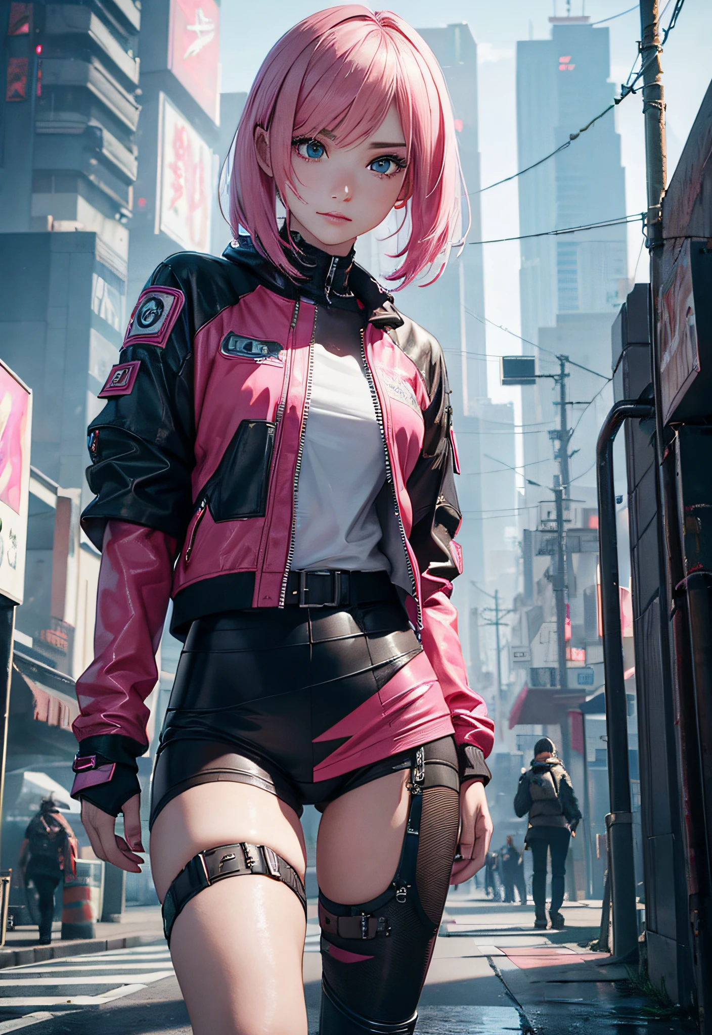 ((Best quality)), ((masterpiece)), (detailed: 1.4), 3D, cyberpunk woman,, a beautiful woman with pink medium calluses, looking at camera, dirty clothes