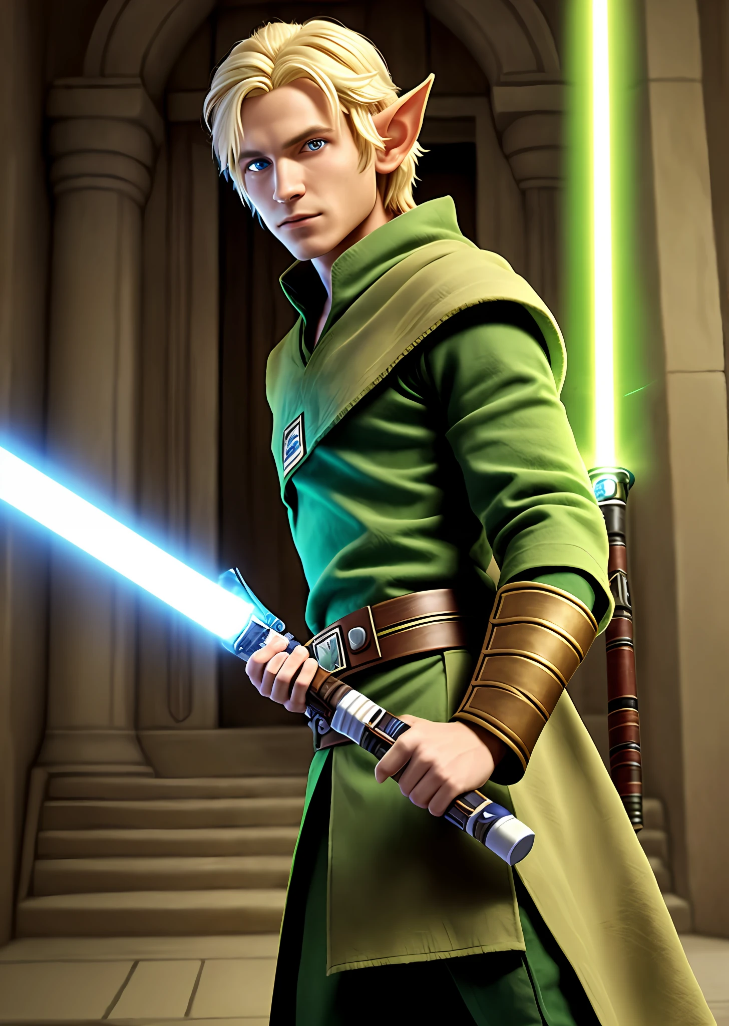 Elf man, blond, wearing Jedi clothes, with a lightsaber in one of his hands, color of the clothes are white, realistic