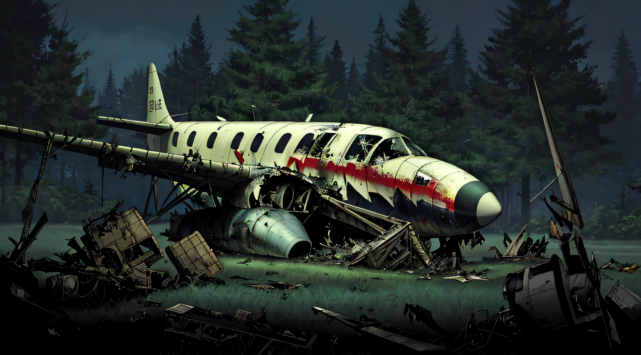 plane wreck, Aircraft accident, forest , night, Symmetrical Camera Framing, ((masterpiece))