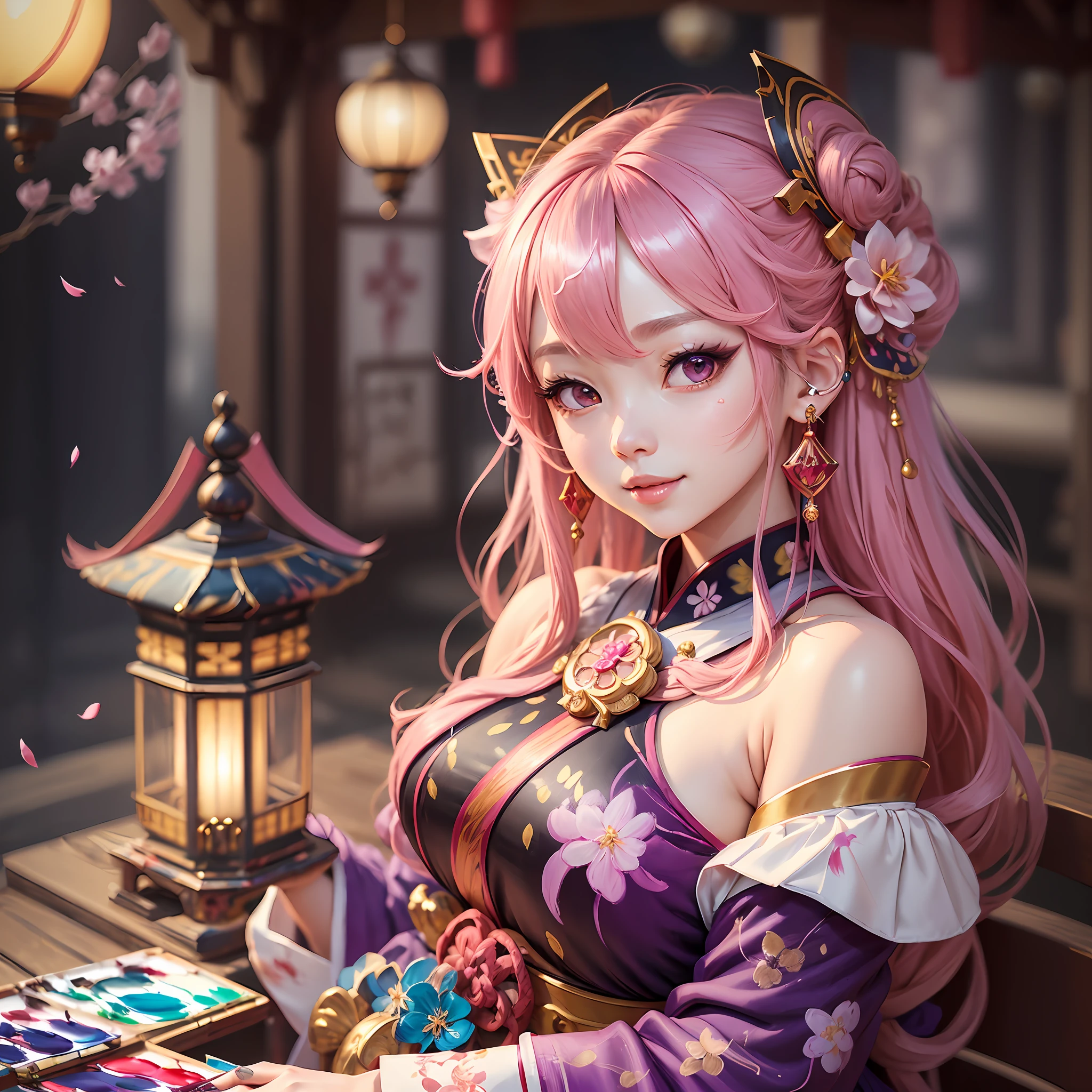 create prompt:(1girl, (ulzzang-6500:0.7), kpop idol, yae miko, detached sleeves, bare shoulders, pink hair, long hair, japanese clothes, best quality, (painting:1.5), (hair ornament:1.35), jewelry, purple eyes, earrings, breasts, torii, cherry blossoms, lantern light, depth of field, detailed face, face focus, ribbon_trim, (looking at viewer:1.25), nontraditional miko, shiny skin, long sleeves, smile, thick lips, game cg, hands on lips, east asian architecture, (blurry background:1.2), sitting, upper body,, korea model --auto --s2