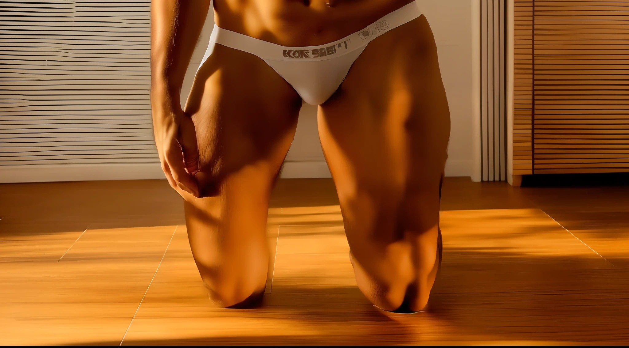 ager, underwear, underpants, kneeling on the floor, legs open, whole body