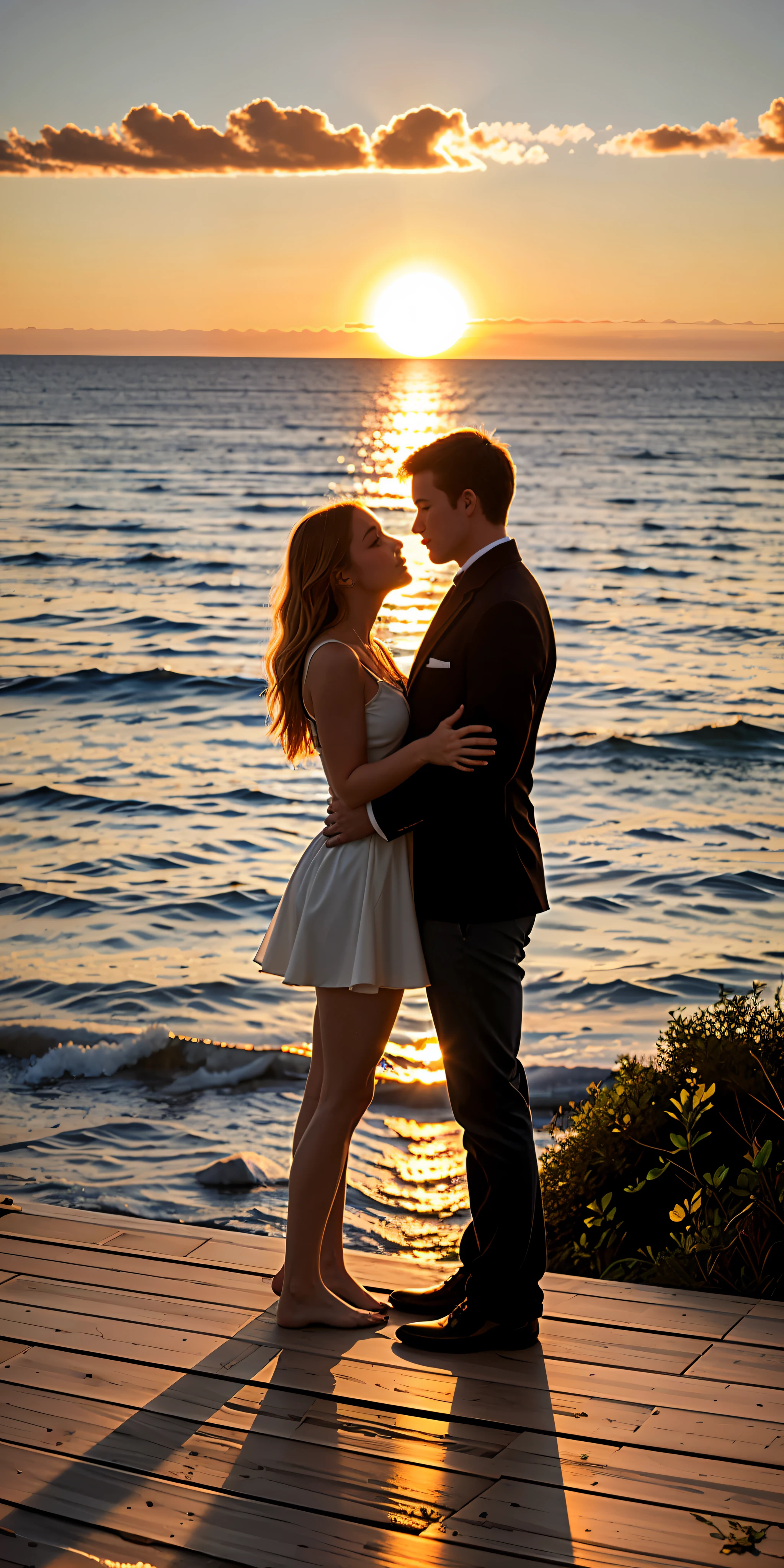 they are standing on a deck looking at the ocean, romantic couple, gorgeous romantic sunset, epic romance, romance, dreamy and romantic, romantic, bathed in golden light, by Jakob Gauermann, romantic scene, by Sigmund Freudenberger, beautifully backlit, by Thomas Häfner, couple kissing, high quality photos, warm glow