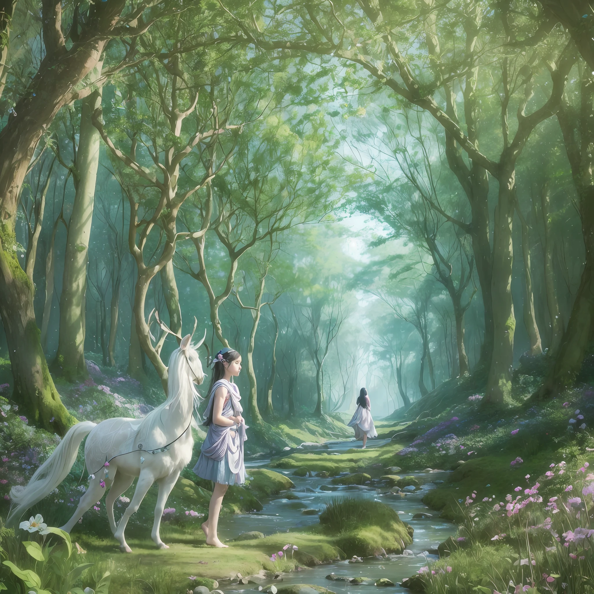 (Illustration: 0.8) A whimsical creature - wandering through a fantasy forest full of charm and wonder. This goes against traditional categorization and incorporates elements of various animals to create a truly unique form. Its gender is elusive, moving and merging between feminine and masculine characteristics. Despite its otherworldly nature, this creature looks intelligent and ancient, as if witnessing the passage of centuries. Its fur is a mesmerizing bright color that seems to shimmer and change hue with every step. Its eyes, large and expressive, reflect the innocence of a child and the wisdom of ancient spirits. Decorated with intricate motifs and delicate feathers, the creature's costumes reflect the whimsical aesthetic of the forest. It moves gracefully through the forest with smooth movements similar to a dance in harmony with nature. Its gentle smile evokes a sense of peace and serenity. Inspired by Arthur Rackham's illustrations, the art style has a touch of fantasy and emphasizes magic. The forest is full of life, full of towering trees, full of ethereal flowers and glowing mushrooms, giving off a kind of light.