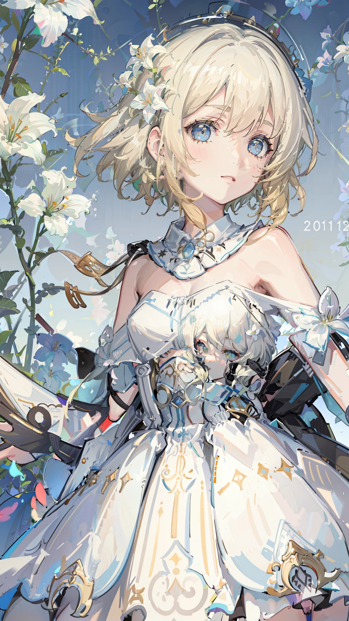 absurdres, masterpiece, best quality, ultra-detailed illustration, (1giel:1.3), absurdres high detailed face, short blonde hair, white dress clothes with blue and gold details, standing in a flower field with white lilies, lots of white flowers on background and foreground, depth of field, at night, starry sky