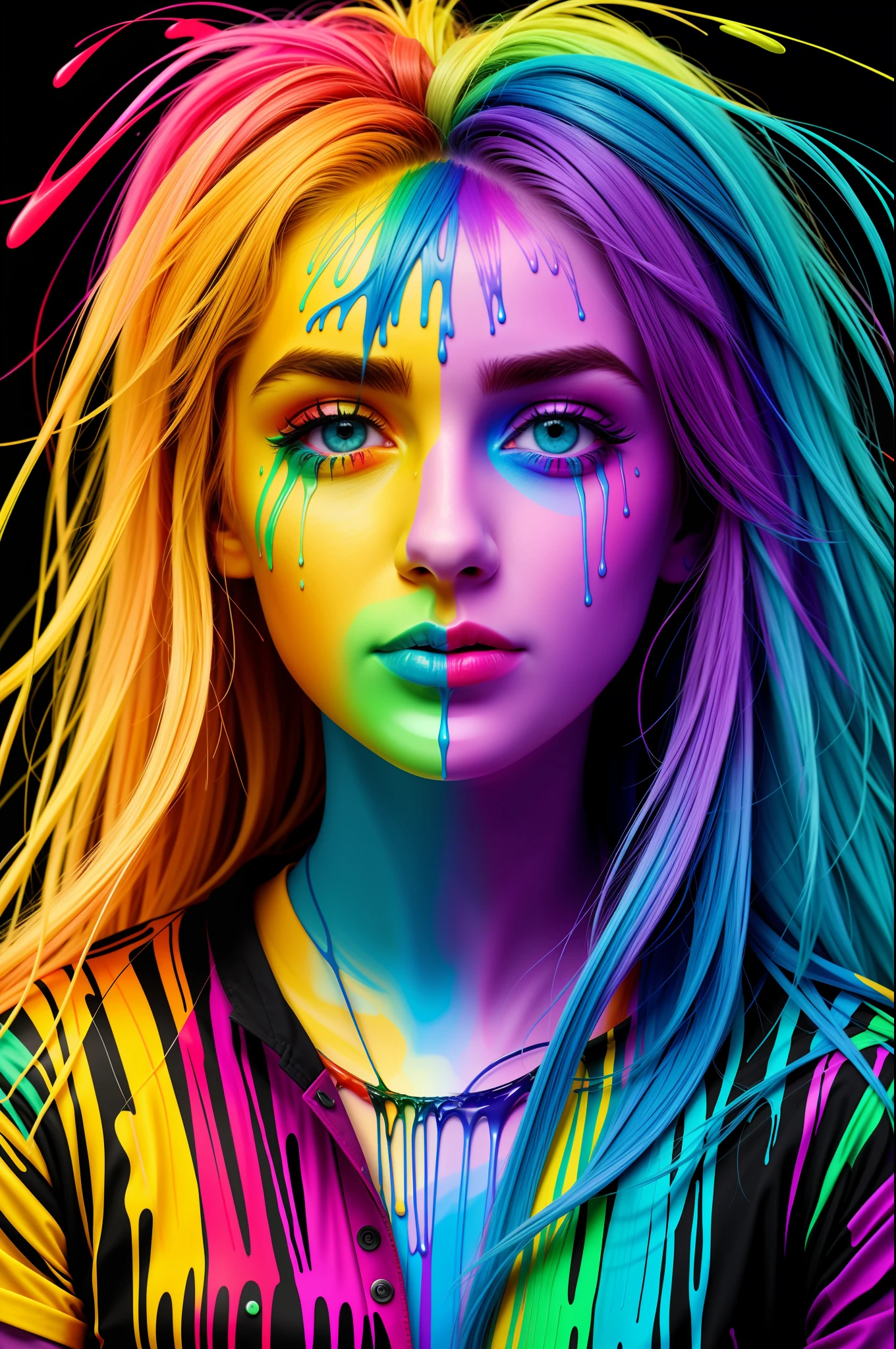 "Im not gonna spend my life being a color" smeared with paint of different colors rainbow, hyper real photo, dripping technique, discord pfp, 10 bit colour, hdr, 8k