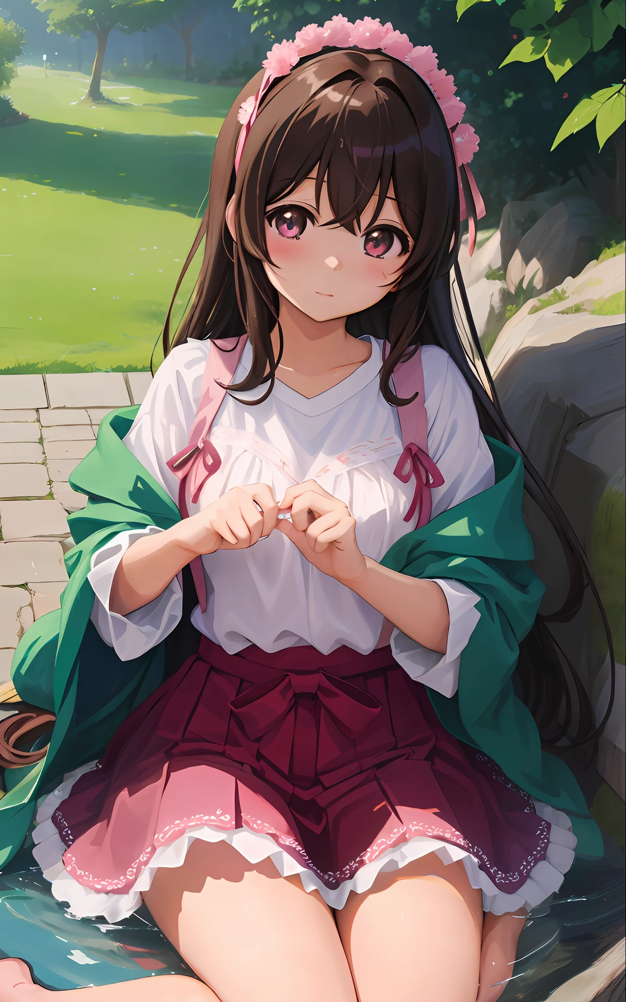 anime girl sitting on a bench in a park with a green cape, anime moe artstyle, anime visual of a cute girl, [ 4 k digital art ]!!, cute anime girl, rin, close up iwakura lain, young anime girl,  in dress, official art, marin kitagawa fanart, pretty anime girl, iwakura lain