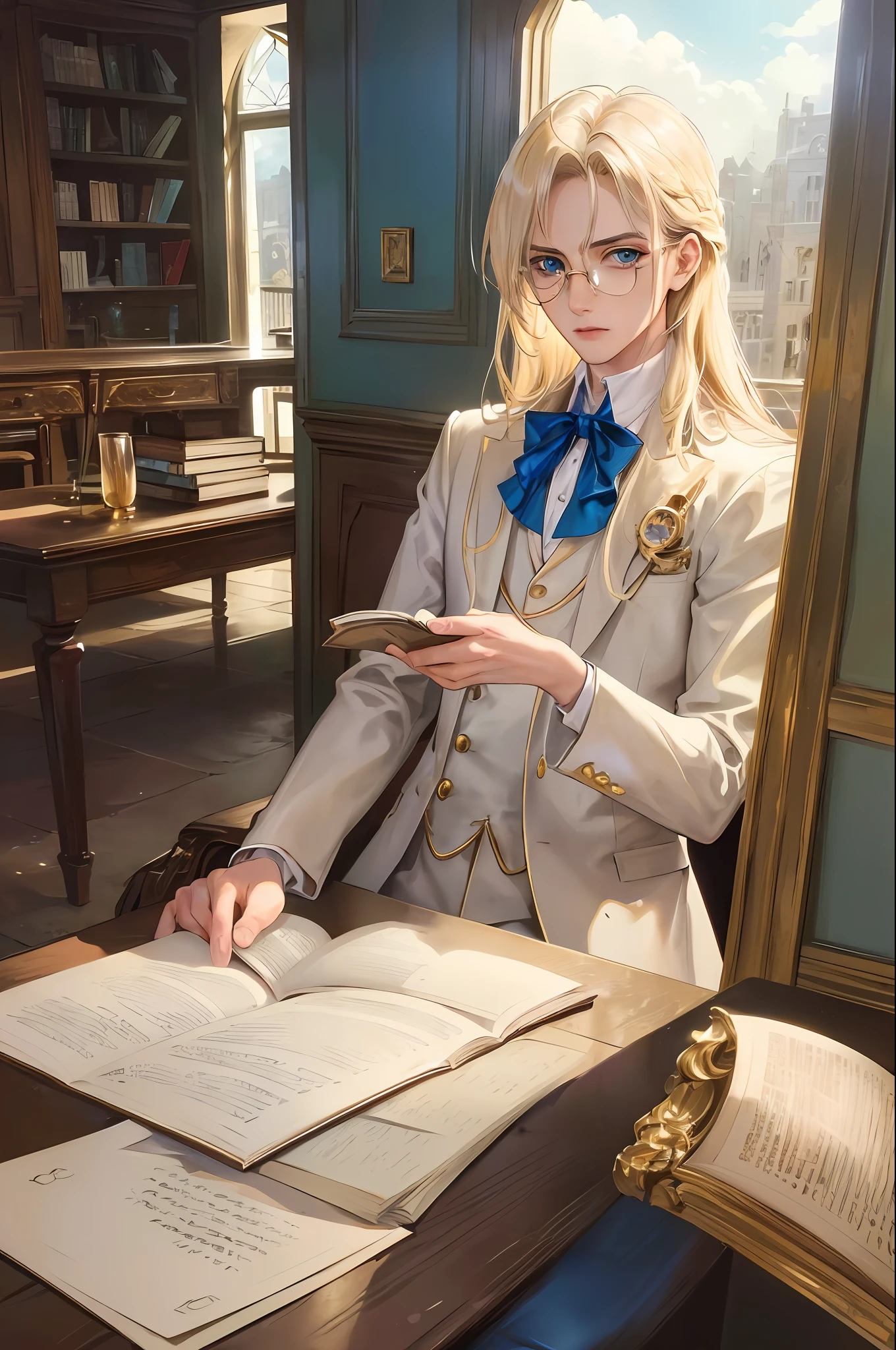 Official art, masterpiece, sharp focus, (beautiful gorgeous man:1.3), (beautiful man:1.3), delicate and beautiful hair and eyes and face, realistic, very detailed, beautiful man, sitting in front of a library window, (side lighting:1.2), dust effect, thin, ((looking at a book, with his eyes open)), long straight hair, building, (view view:1.7), calm hair, detailed platinum blonde hair, shining blue eyes, gorgeous western suit, gold decoration, library scenery, Monocle glasses, serious expression, reading a book