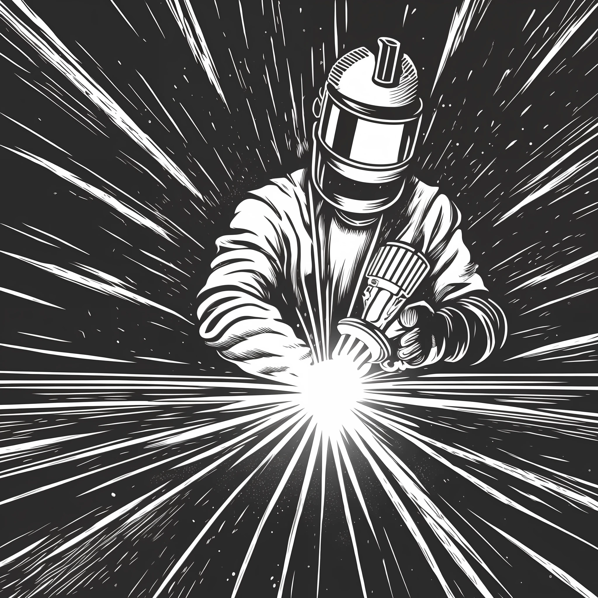 Welding man with electrode in hand bright white light, black and white, vintage style, (vector design), realistic volumetric light of masterpiece, all-white background.