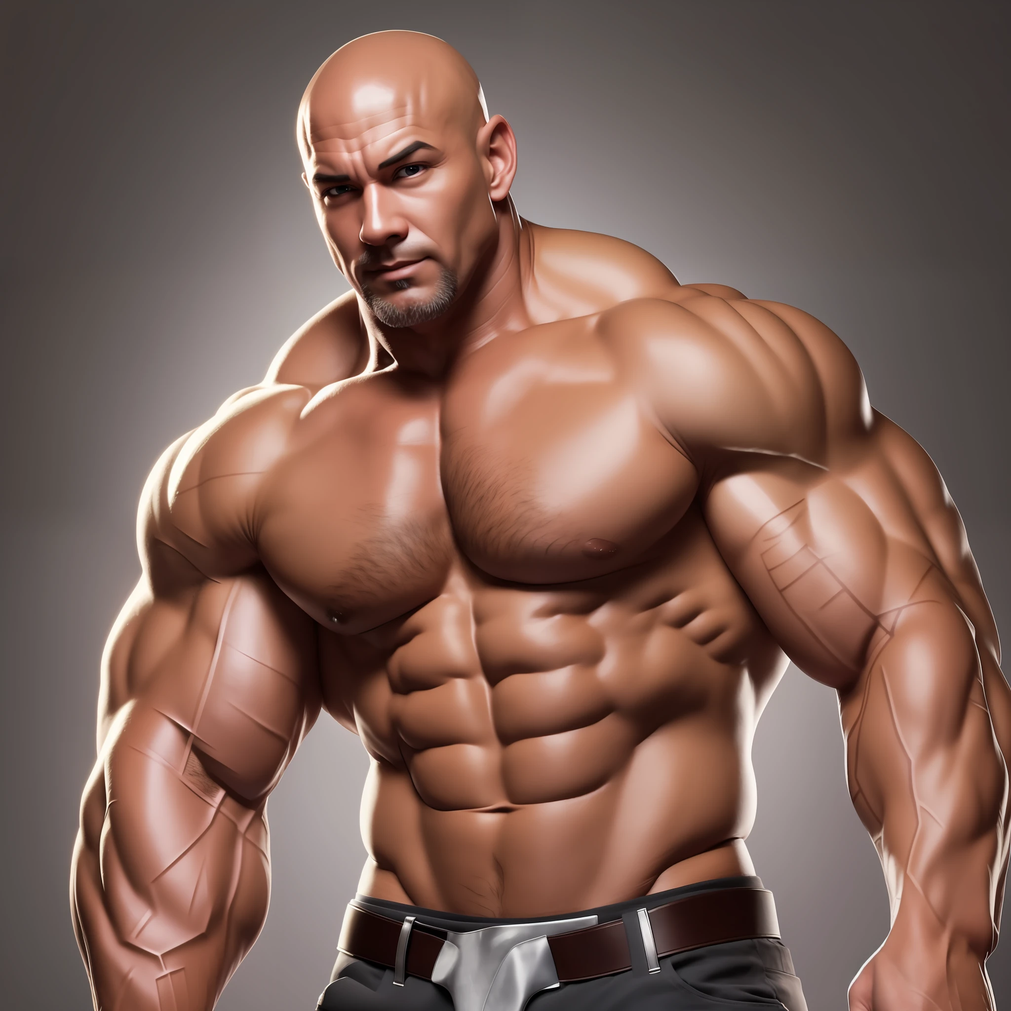 A huge muscular handsome bodybuilder, bald head, mid 40s, hairy body, three-dimensional, intricate, traditional 2D animation, cell animation