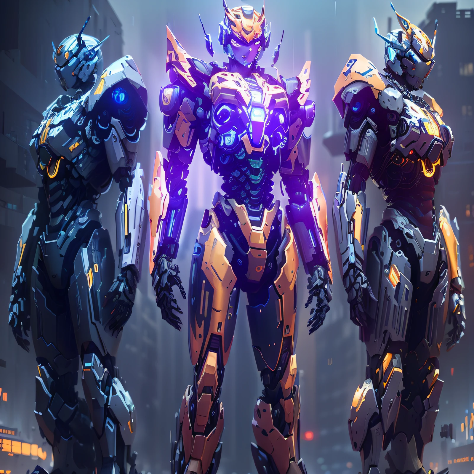 three robots in a row with a city in the background, mecha suit, intricate glowing mecha armor, mecha armor, full body mecha suit, hardsurface armour, mech suit, cool mecha style, cyber fight armor, mech concept art, intricate assasin mecha armor, cyber suit, intricate mecha armor, anime mech armor, anthem game inspiration