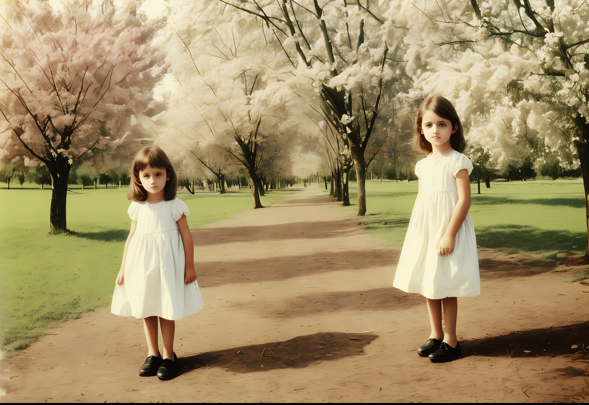 Photo of just a 6 year old girl standing, full body, white dress, damaged grainy photo, old color photograph, hand color photo, colored, aged photo, old photo, photo taken in 1996. In the background a beautiful Park with trees, apple trees and beautiful flowers.