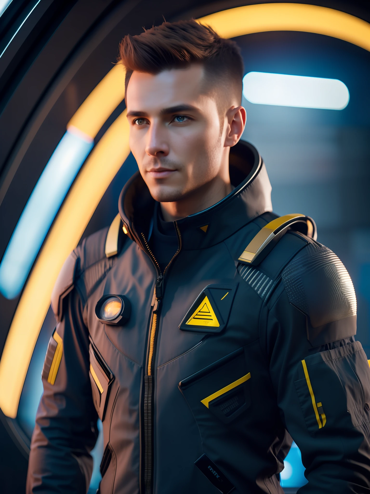 fking_scifi, award-winning photo of a man, black flight suit with yellow accents, brown hair, (gray eyes:1.35), square jawline, asymmetric face, standing in front of a window on a space ship, 80mm, bokeh, mass effect, close up, fking_cinema_v2