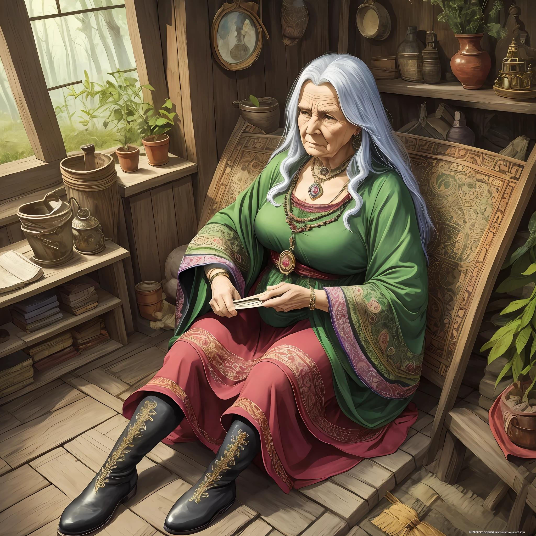Akaarel, drawing, ultradetalized portrait, realistic fantasy, cgsociety, Baba Yaga is usually depicted as a large hunchbacked old woman with a large, long, hunchbacked and hooked nose. Sometimes they say about her "nose has grown into the ceiling." Her bony leg is also often mentioned. But what this means is not entirely clear, but it may indicate her connection to the underworld. In the popular print, she is dressed in a green dress, lilac kitschka, bast shoes and trousers. In another painting, Baba Yaga is dressed in a red skirt and boots. In fairy tales, there is no emphasis on Baba Yaga's clothes, but she usually dresses in Russian style.