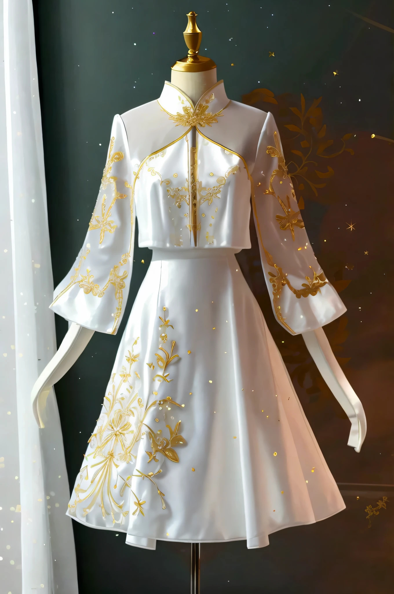 there is a mannequin dressed in a white dress with gold embroidery, white hanfu, white and gold dress, white and gold, gold and white, white with gold accents, white and gold color scheme, white royal dress, white sleeves, white robe with gold accents, white gown, elegant white dress, gold embroidery, white trendy clothes, white silky outfit, elegant clothes