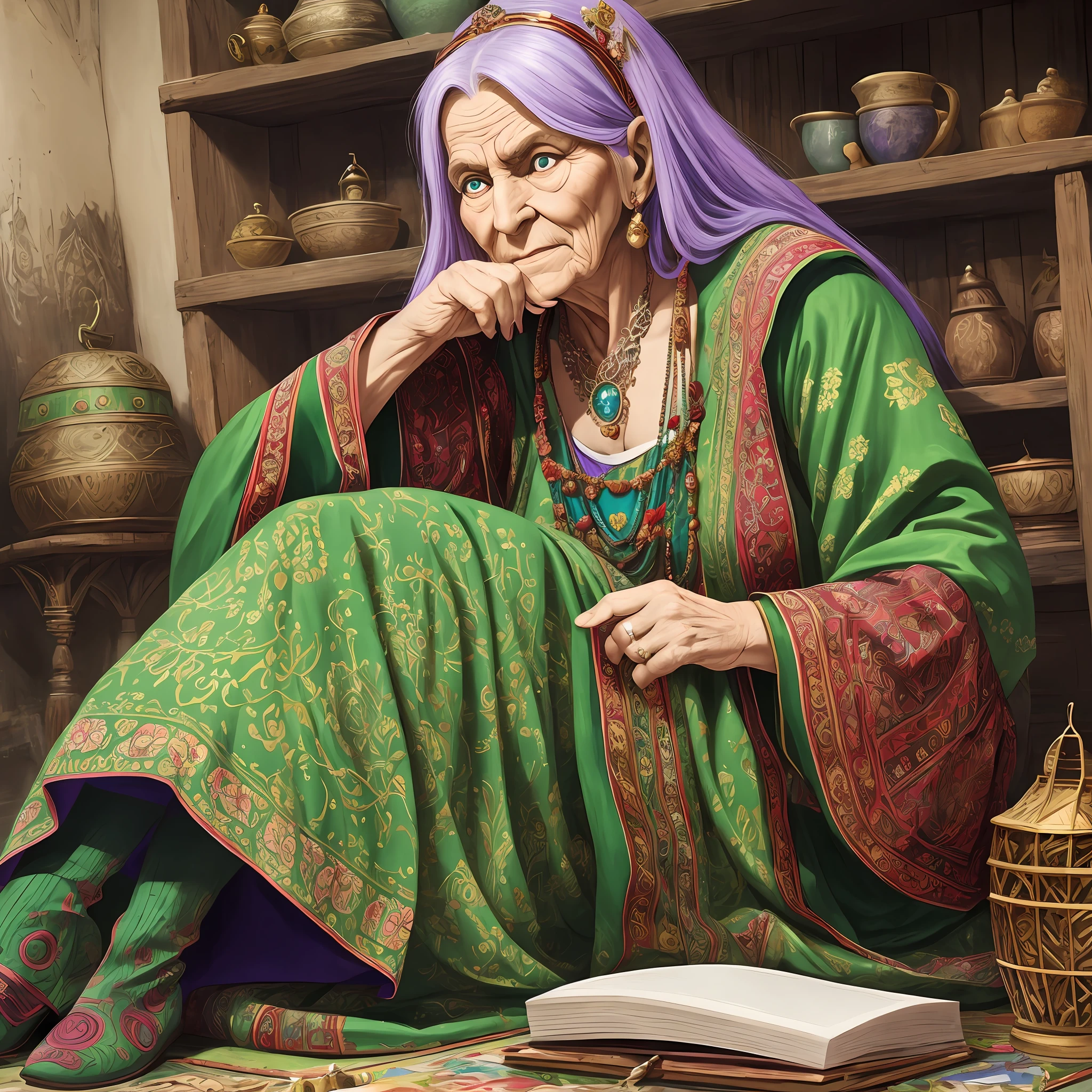 Akaarel, drawing, ultradetalized portrait, realistic fantasy, cgsociety, Baba Yaga is usually depicted as a large hunchbacked old woman with a large, long, hunchbacked and hooked nose. Sometimes they say about her "nose has grown into the ceiling." Her bony leg is also often mentioned. But what this means is not entirely clear, but it may indicate her connection to the underworld. In the popular print, she is dressed in a green dress, lilac kitschka, bast shoes and trousers. In another painting, Baba Yaga is dressed in a red skirt and boots. In fairy tales, there is no emphasis on Baba Yaga's clothes, but she usually dresses in Russian style.
