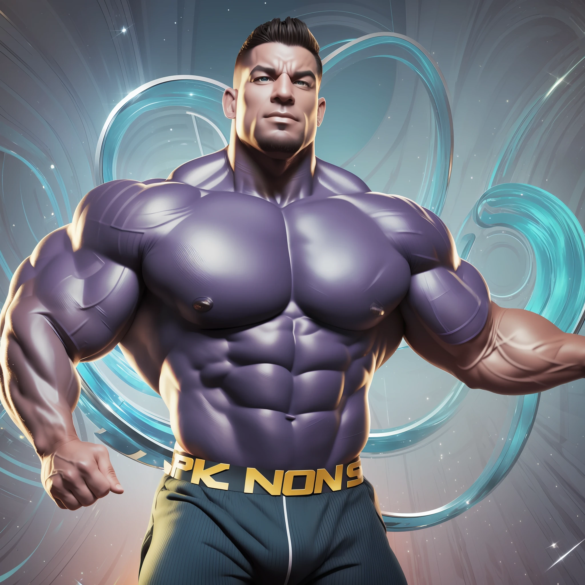 A huge muscular bodybuilder morphing into sound waves, three-dimensional, intricate, sparkling, Looney Tunes style, cartoon