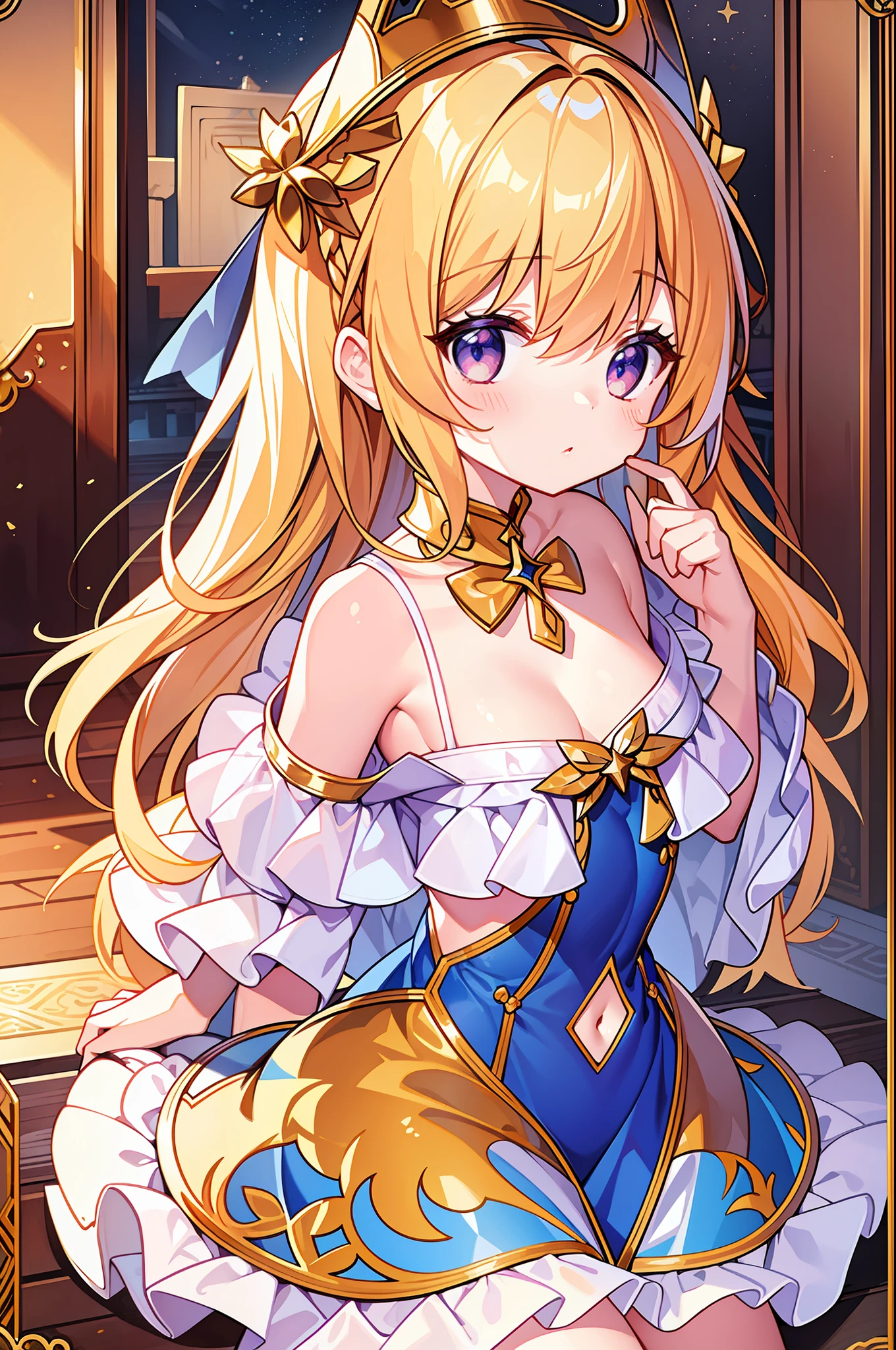 (MASTERPIECE), (Best Quality), (Ultra Detail), Official Art, One Girl, Loli with Gold Hair, Petite Little Girl, Loli, Gold Right Eye, Blue Left Eye, White and Gold See-Through Dress, Sleeveless, Off Shoulder, Small, Very Small Breasts, Small, Cleavage, Thigh Focus, Navel Out, Bare Skin in the Lower Half of the Chest, Card Illustration, Saint, Temple