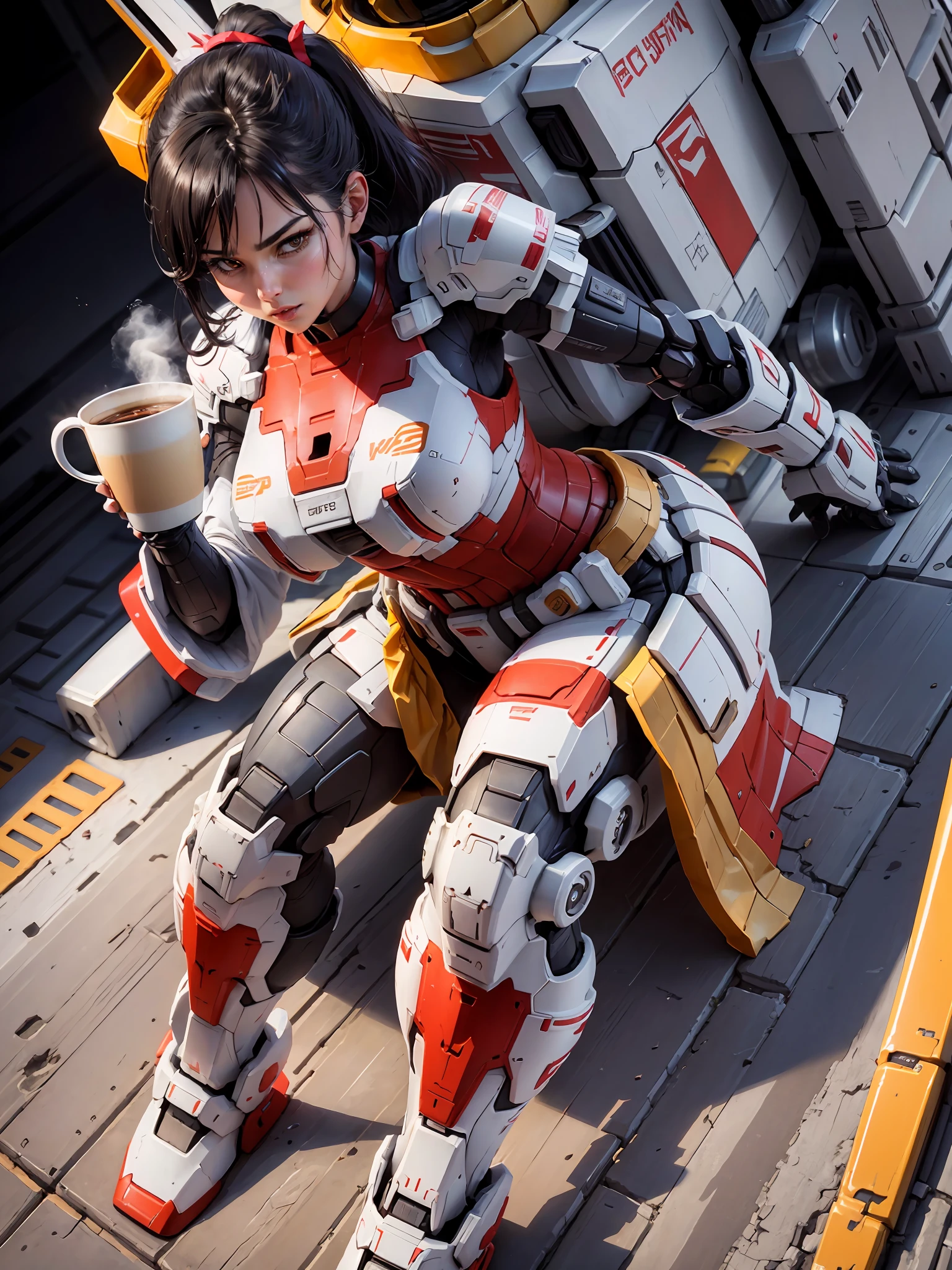 gundam\(rx78\), ultra high res, best quality, photo, 4k, (photorealistic:1.4), 1girl, solo, (full body:1.1), ponytail, black hair, beautiful face, beautiful eyes, dynamic pose,dynamic angle, sitting, (((drinking a cup of hot coffee))), ((right hand hold cup)), ((drinking coffee)), ((left hand thumb up show good)), happy, enjoy, mecha armor, depth of field, motion lines, perfect body, perfect anatomy, perfect arm, 5 finger,