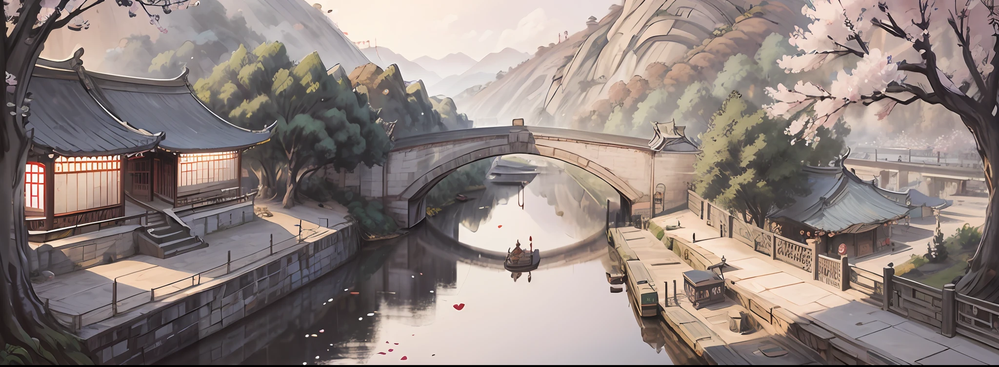 1 painting "Picture of the Upper River in the Qingming Dynasty", by Zhang Zheduan, silk scroll, light color, height 24.8 cm, length 528.7 cm, Palace Museum, Beijing. 1 scene, the capital of the Northern Song Dynasty, Bianjing (Kaifeng), Bianhe River and its banks, busy and lively, Spring Festival. Many people, different classes, clothing, expressions, activities. Many buildings, city gates, bridges, shops, temples, houses. Many ships, barges, cargo ships, passenger ships. Many vehicles, trolleys, carriages, sedan chairs. Many trees, willow, pine, peach blossoms. Perspective technique, realistic style, rich details, rhythmic composition.
