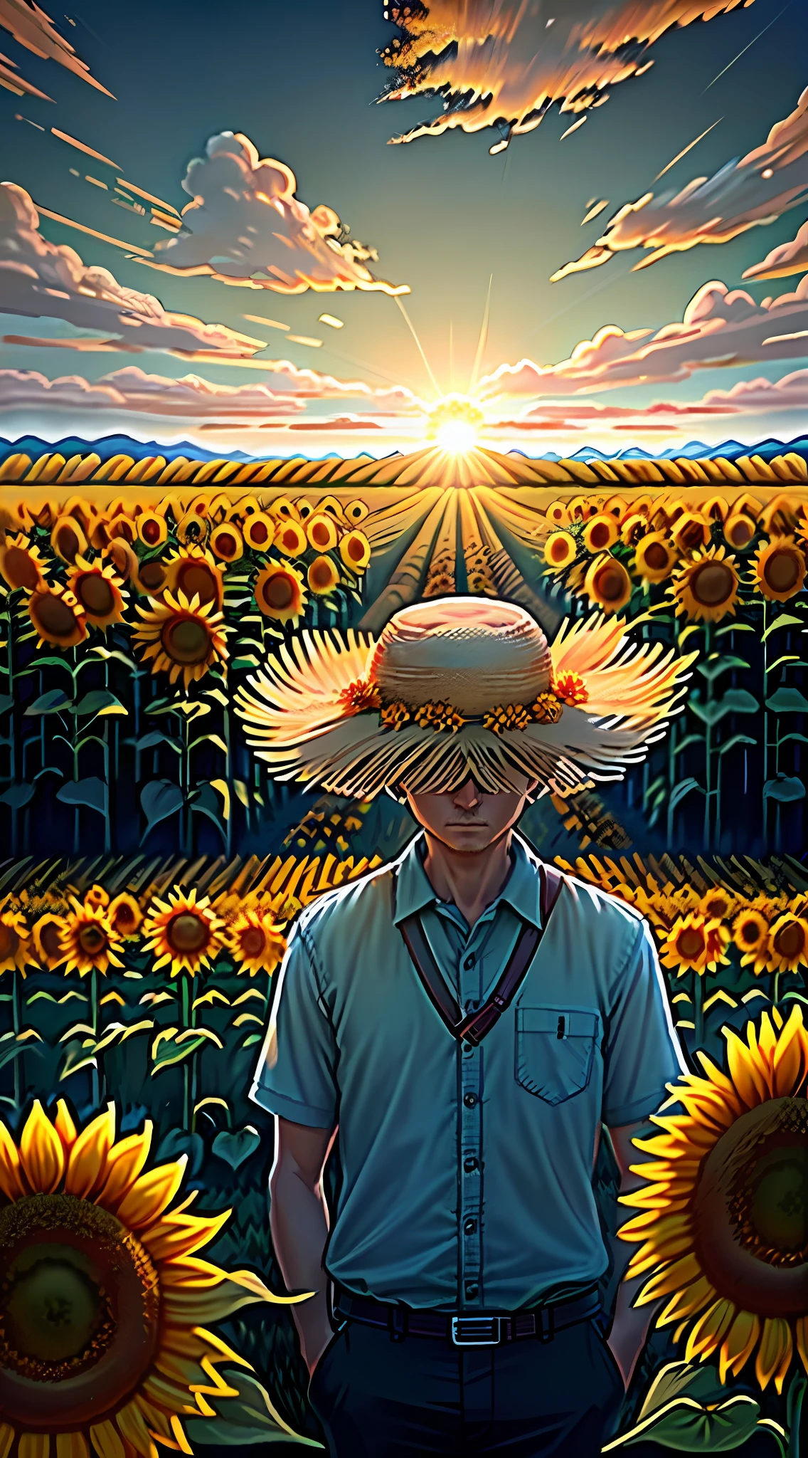 sunflowers field, a farmer uncle with a straw hat standing in a sunflowers field, big clouds, blue sky, sunflowers field, neat sunflowers seedlings in the field, forest, hillside, secluded, rural, HD detail, hyper-detail, cinematic, surrealism, soft light, deep field focus bokeh, ray tracing and surrealism. --v6