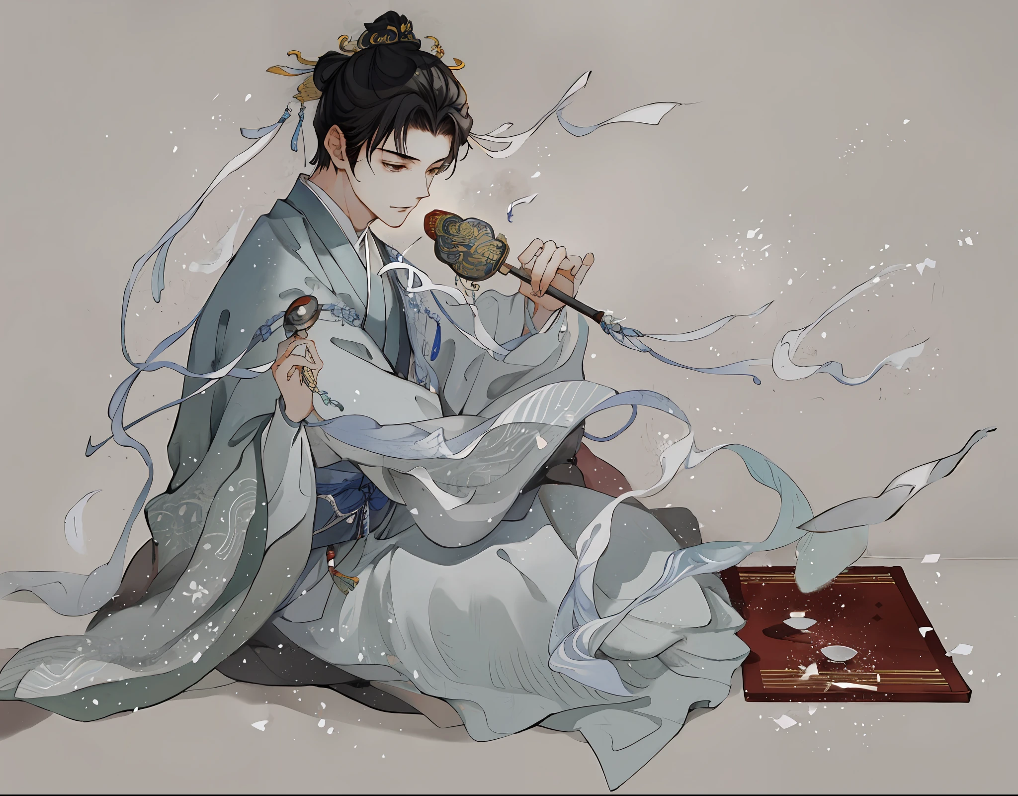 There is a man sitting on the floor drinking, Jung Ye Sung, Korean artist, Jung Yanjun, official fanwork, inspired by Xiao Yuncong, Shin Jung-ho, Hyung-tae, inspired by Bian Shoumin, inspired by Jung Yanjun, Xiao Young, inspired by Hwang Kung Wang