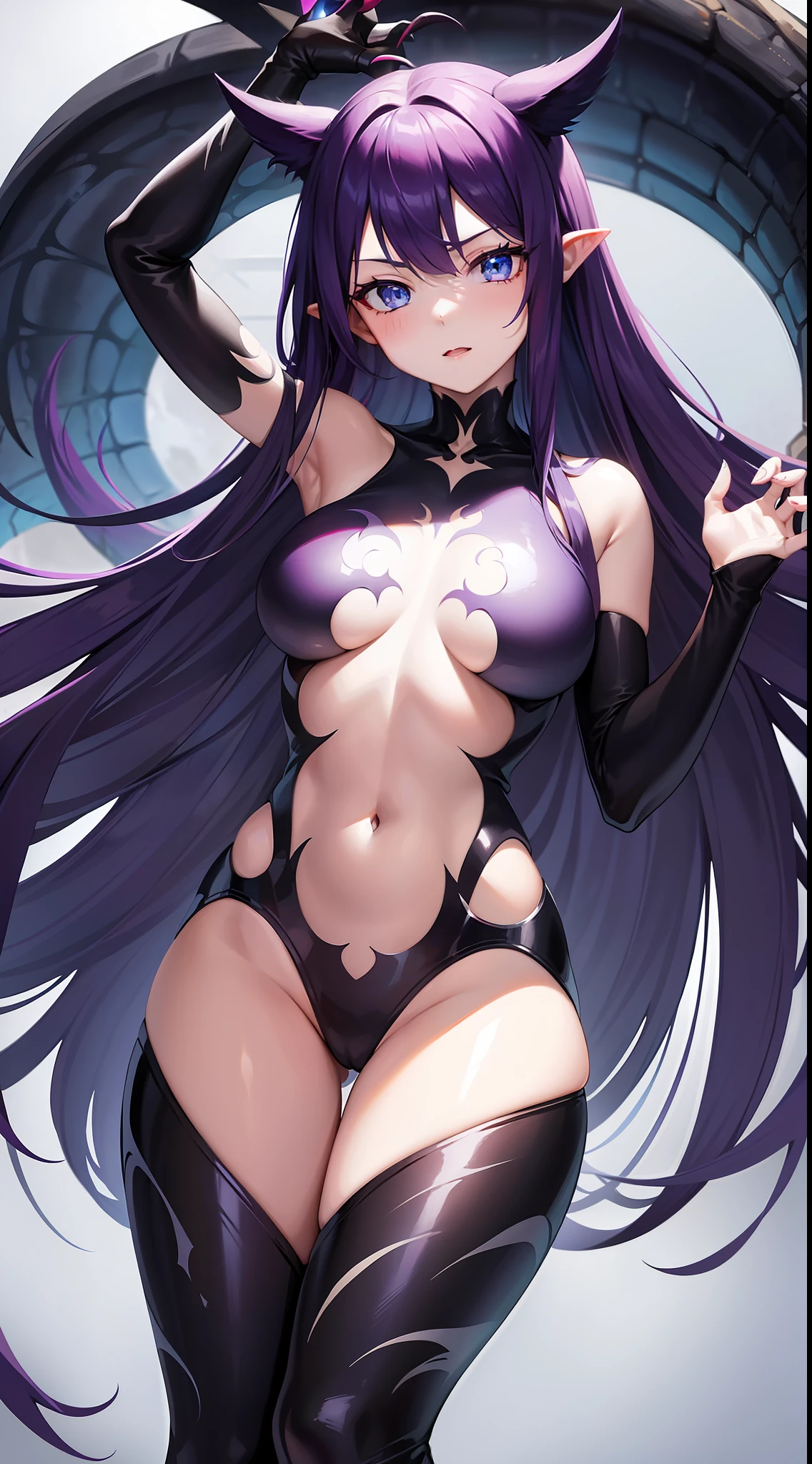 Young girl, long purple hair, blue eyes, Venom symbiote, open chest, claws, masterpiece, high quality