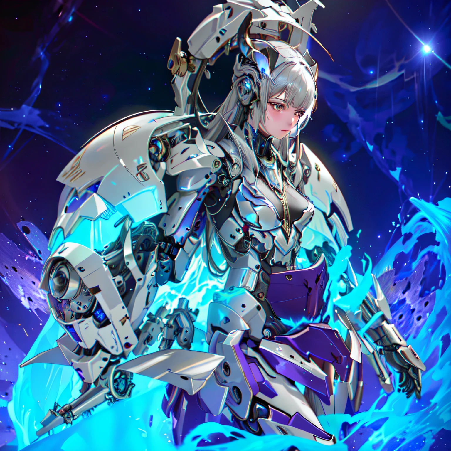 masterpiece,photorealistic,realistic,best quality,highres,extremely detailed CG wallpaper,detailed face,1girl,very long hair,floating hair,small breasts,full body,bokeh,cinematic lighting,chiaroscuro,mecha musume, headgear,mechanical arms, bodysuit,moon,starry sky,galaxy,mechanical horns,mechanical halo,