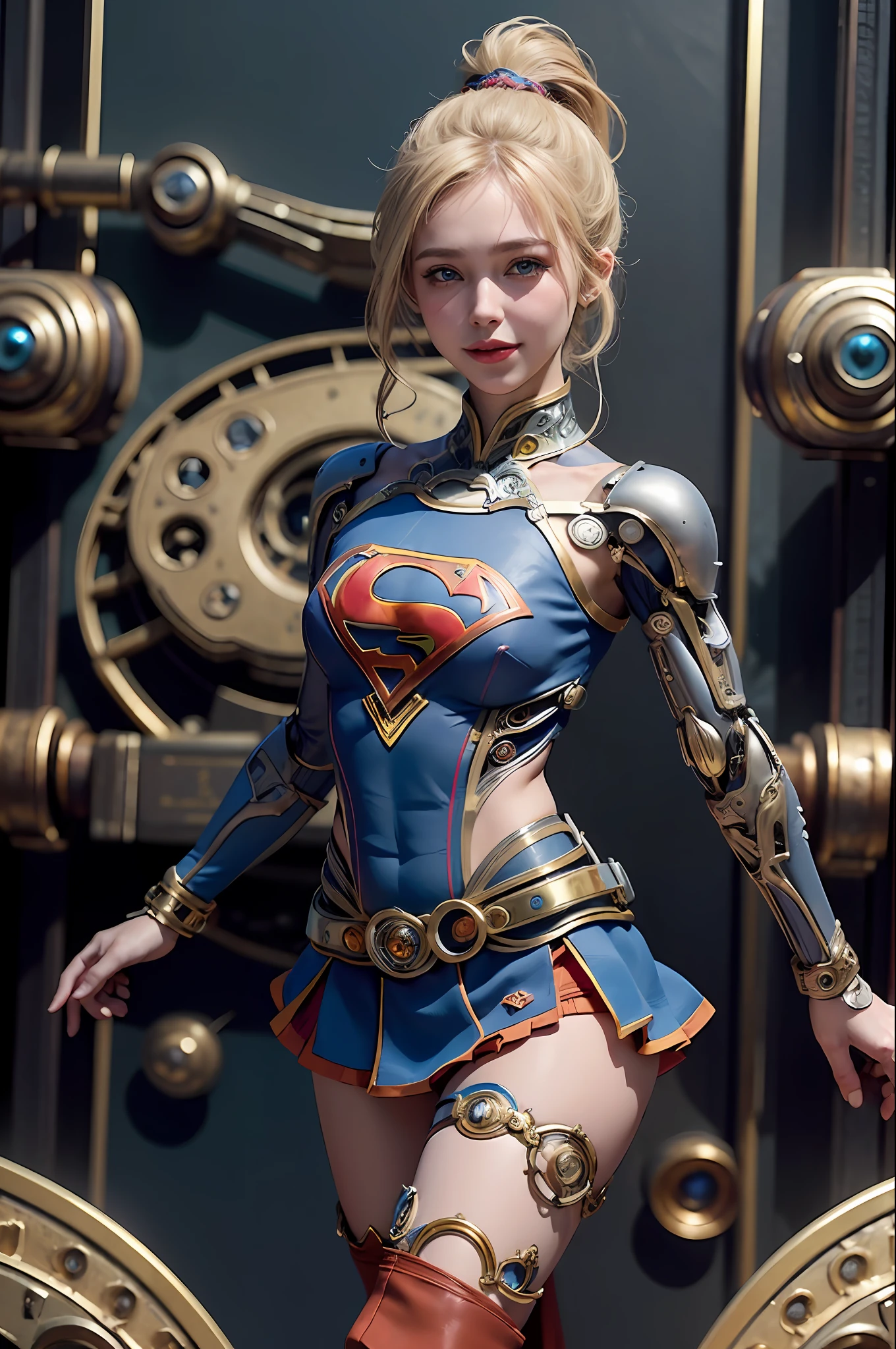 official art, unity 8k wallpaper, ultra detailed, beautiful and aesthetic, beautiful, masterpiece, best quality, (zentangle, mandala, tangle, entangle), 1girl, ((full pose)), ((supergirl)), skin tight top, (panty), (((red mini skirt))), red cape, (camel toe), single ponytail, open leg pose, extra long blonde ponytail, blonde hair, (detailed blue eyes), (smiling), ((flying in sky:1.4)) (complicated ultra detailed enchanted city landscape:1.3), small_breasts, red thigh highs boots,  reelmech, (mechanical parts:1.5), cyborg, robotic parts, luxurious cyberpunk