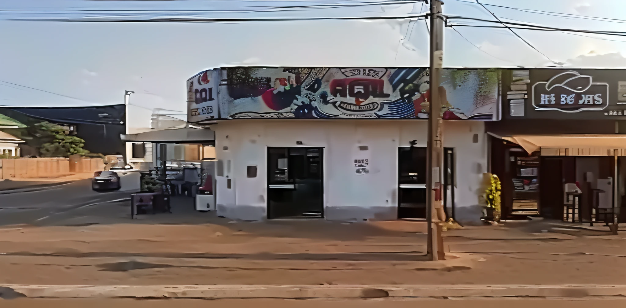 there is a small building with a sign on it on the side of the road, photo for a store, local bar, aokamei, seen from outside, shop front, storefront, centre image, brazil, convenience store, frontal picture, store, front view, regal fast food joint, listing image, by Jon Coffelt, digitally painted --auto --s2